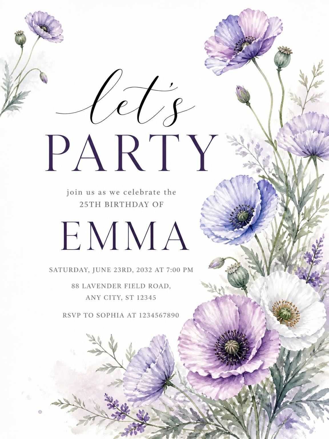 Poppies Wildflowers 25th Birthday Invitation