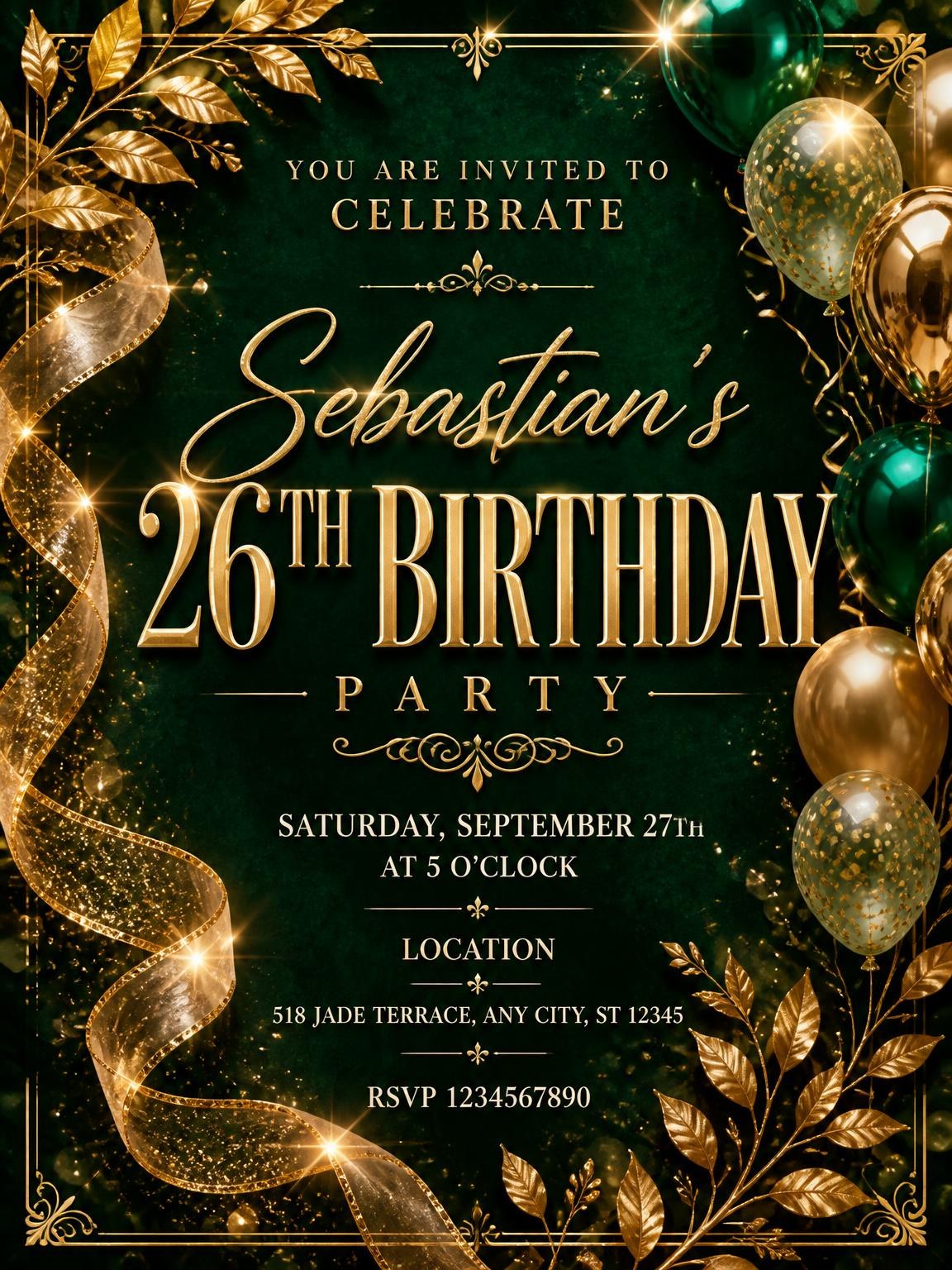 Emerald and Champagne 26th Birthday Invitation