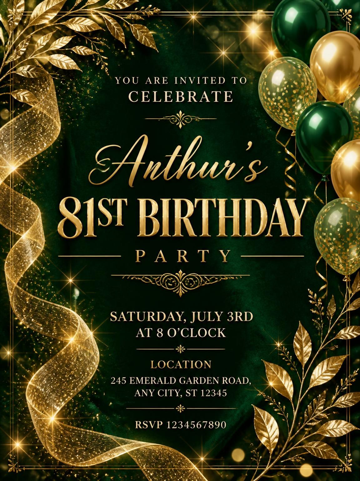 Emerald and Champagne 81st Birthday Invitation