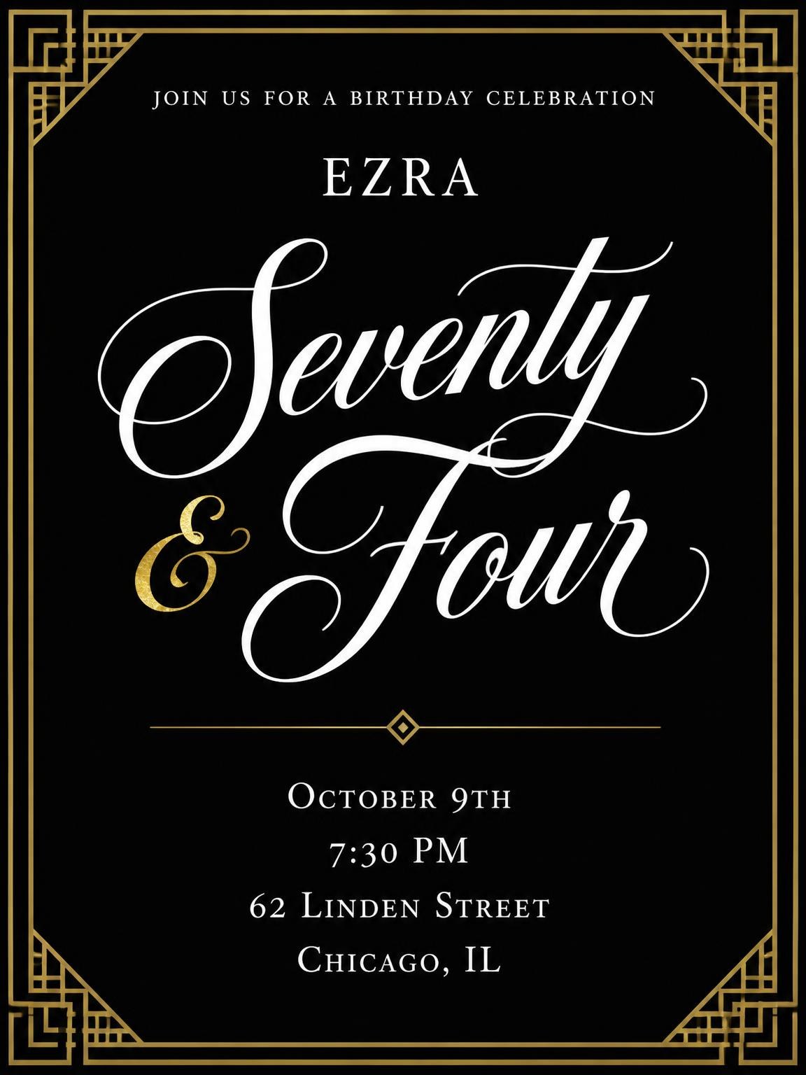 Art Deco 74th Birthday Invitation