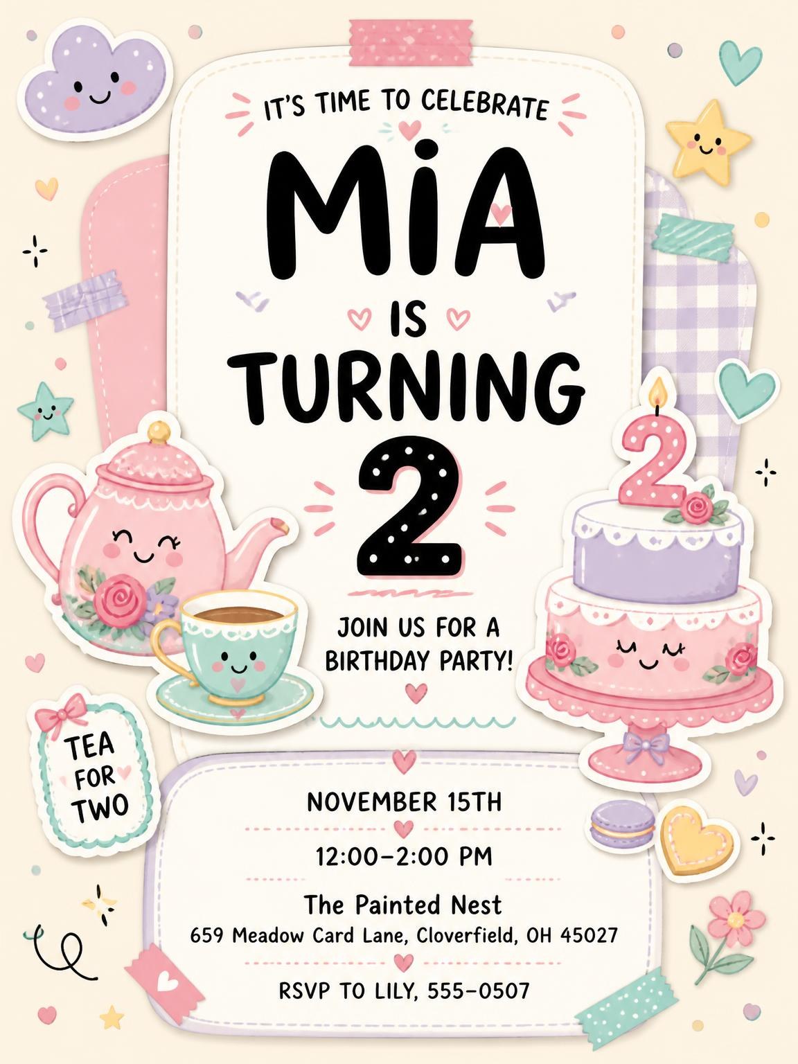 Teapot Pastel Scrapbook 2nd Birthday Invitation