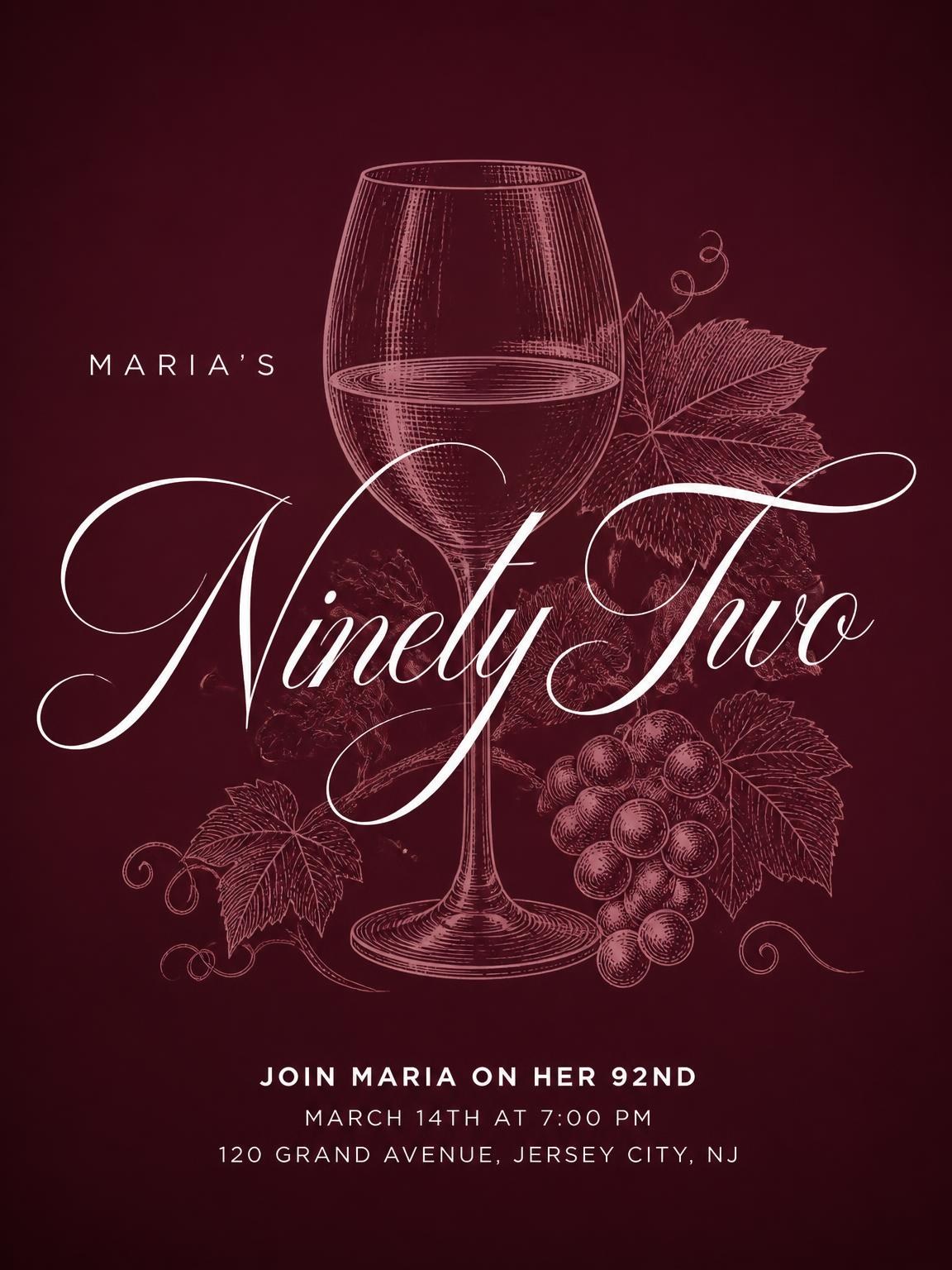 Burgundy Cocktail 92nd Birthday Invitation