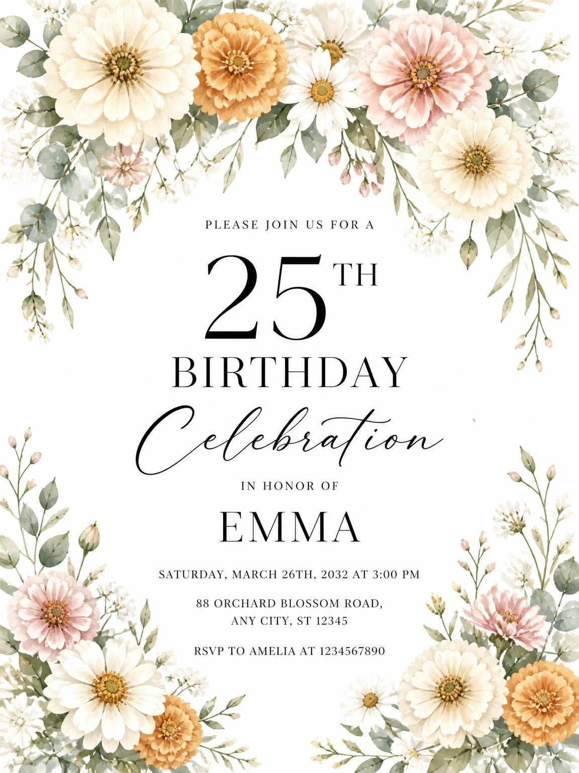 Botanical Floral Ivory 25th Birthday Invitation