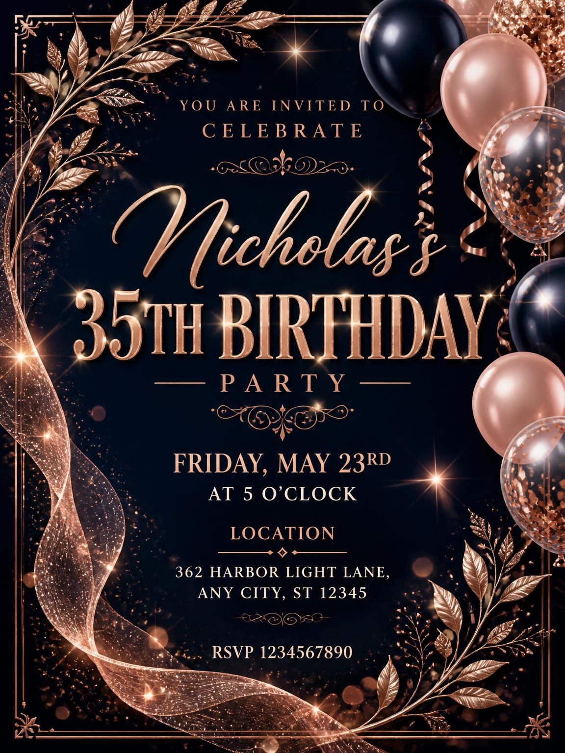 Navy and Rose Gold 35th Birthday Invitation