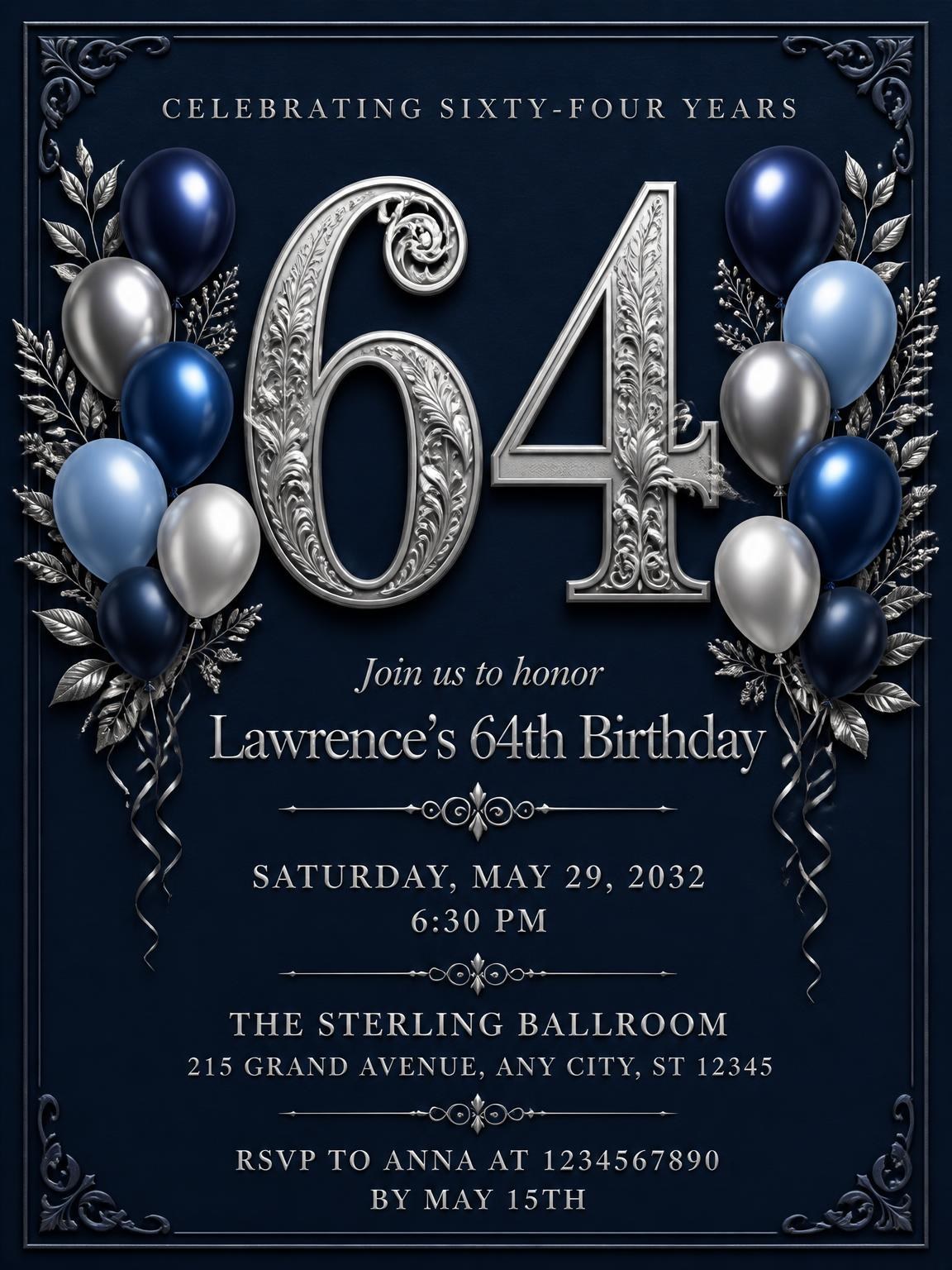 Navy and Silver 64th Birthday Invitation