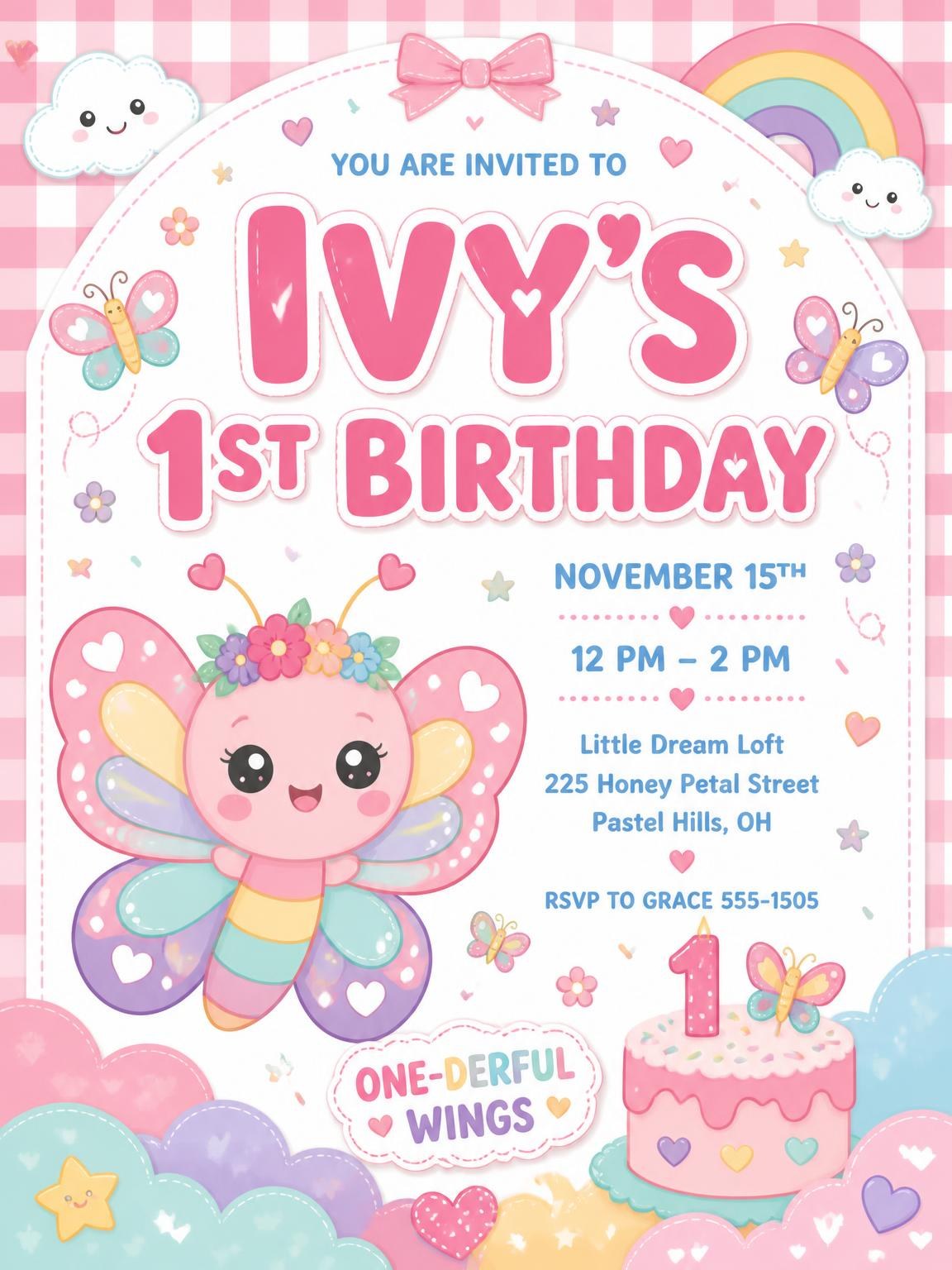 Kawaii Butterfly 1st Birthday Invitation