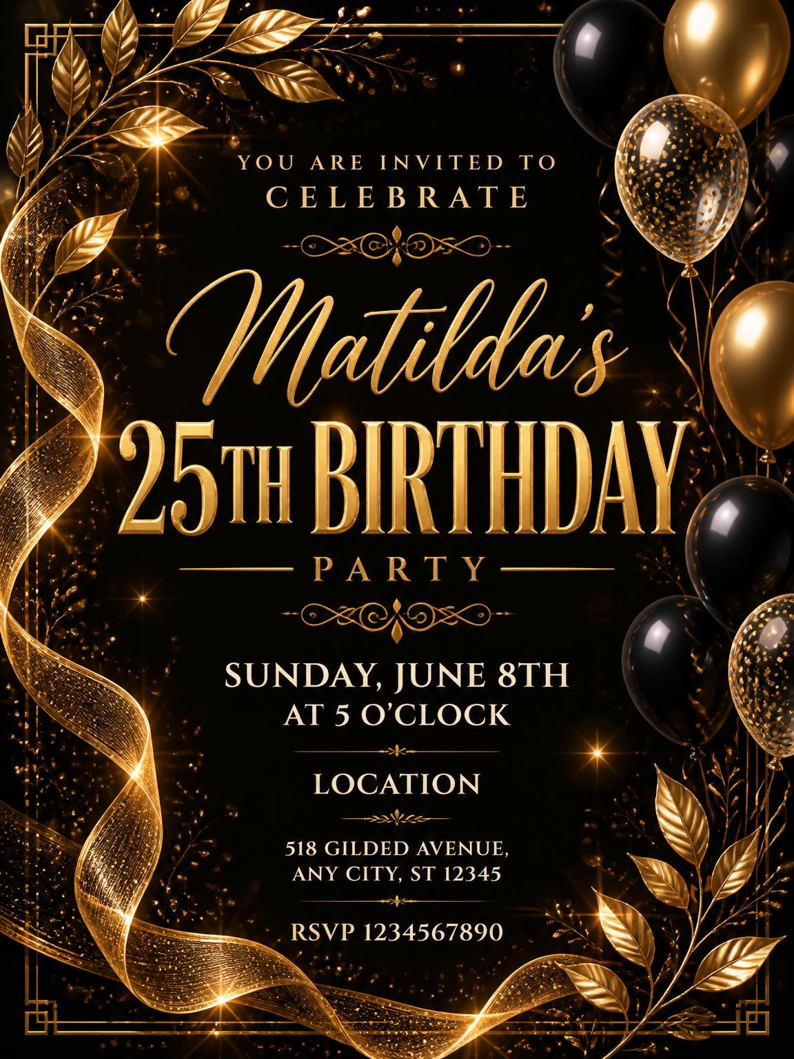 Gold Ribbon and Foliage 25th Birthday Invitation