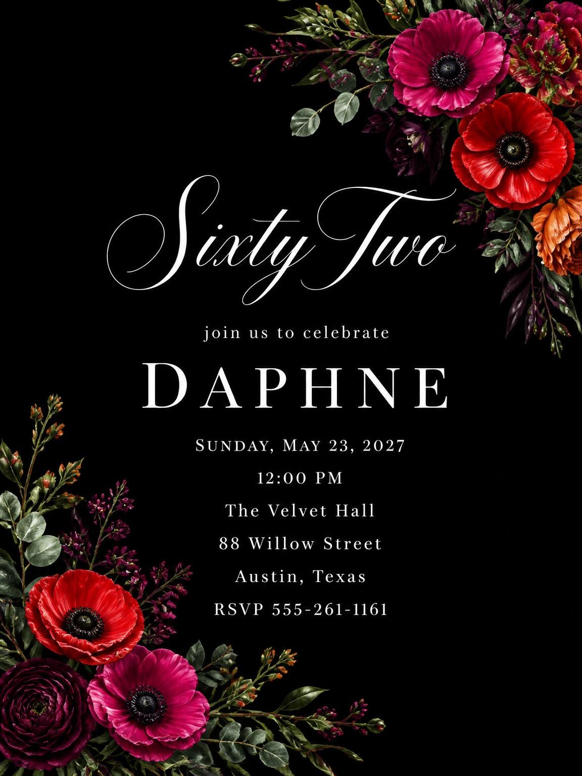 Black Floral 62nd Birthday Invitation