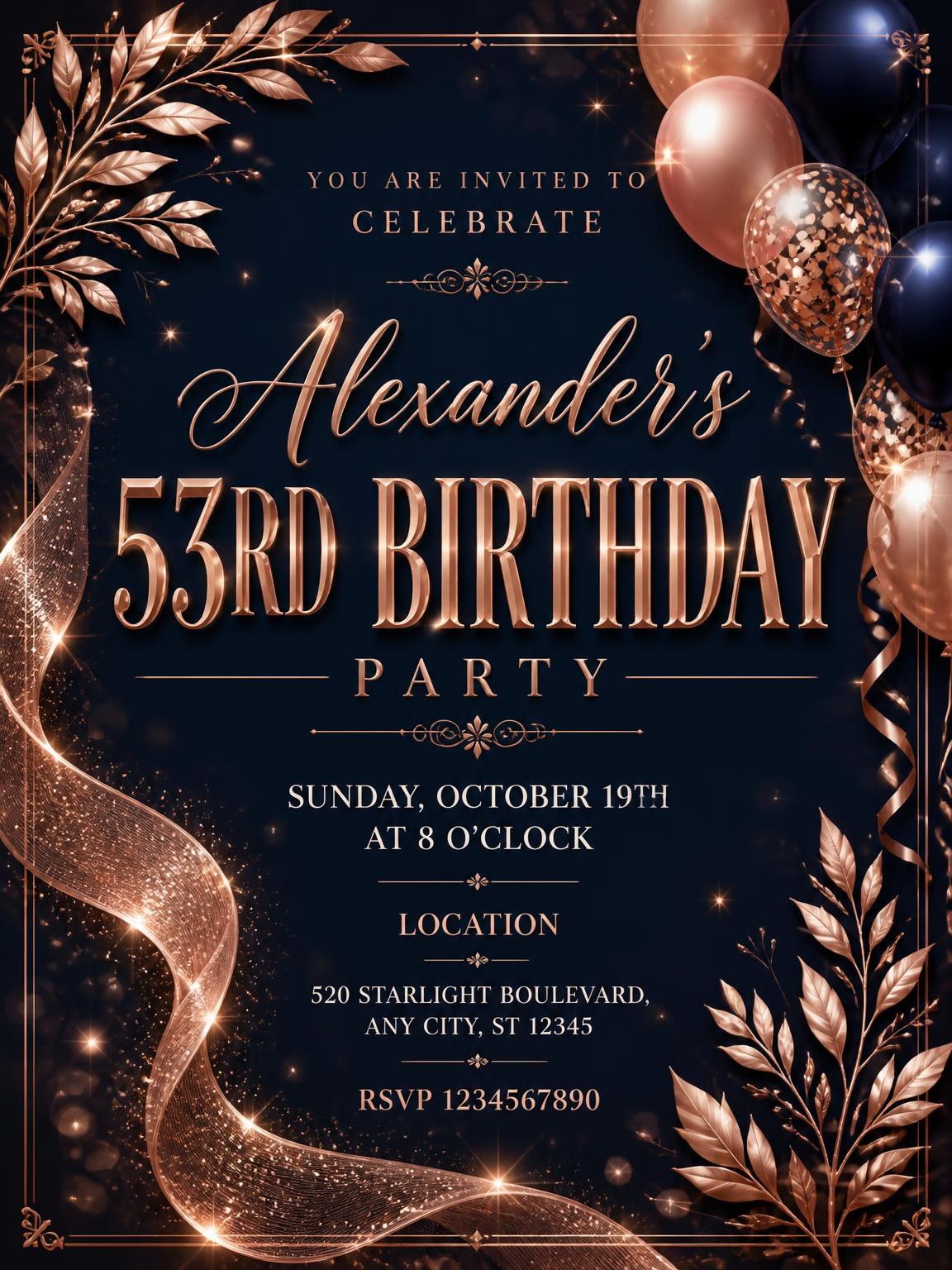 Navy and Rose Gold 53rd Birthday Invitation