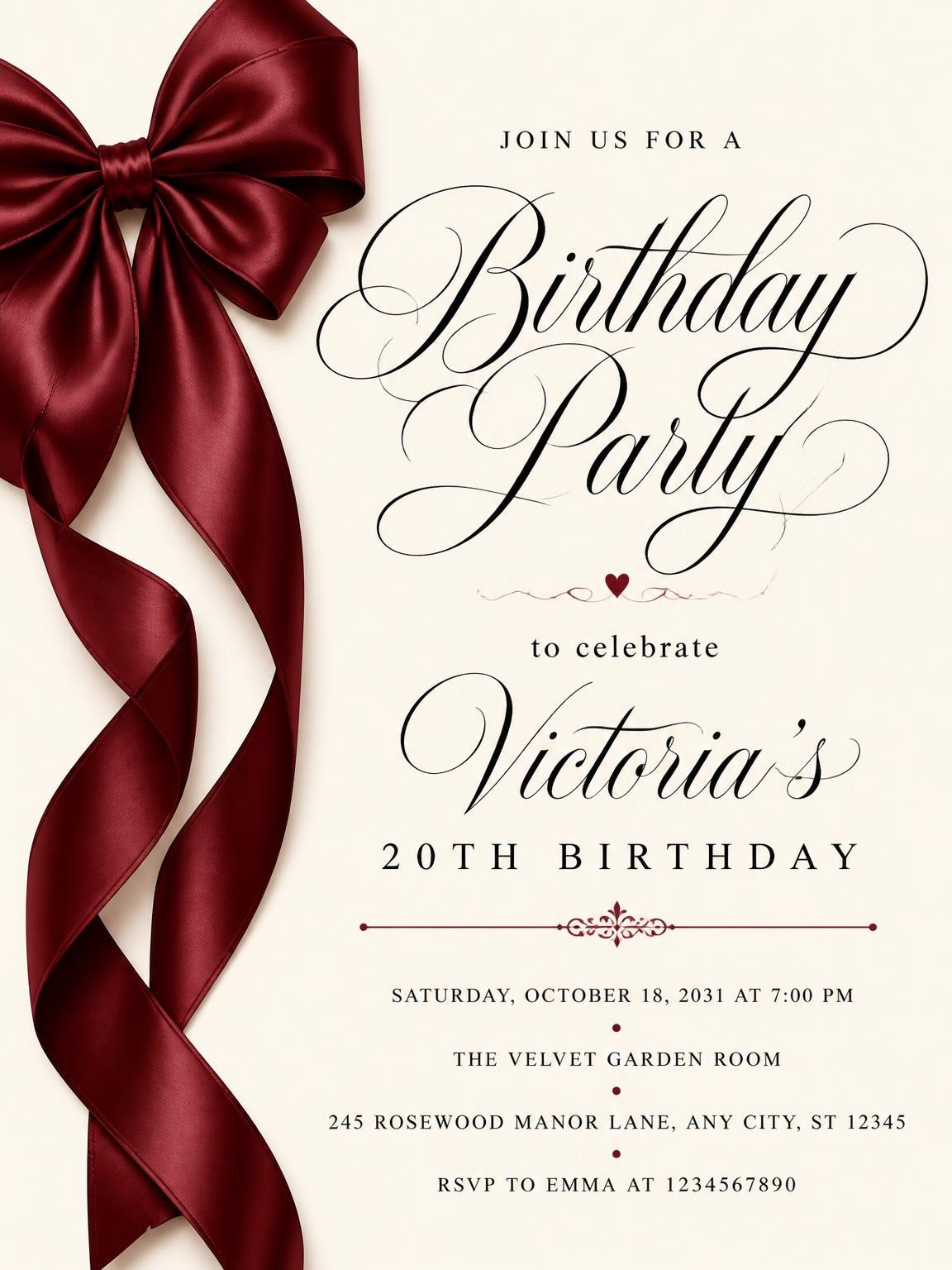 Burgundy Satin Bow 20th Birthday Invitation