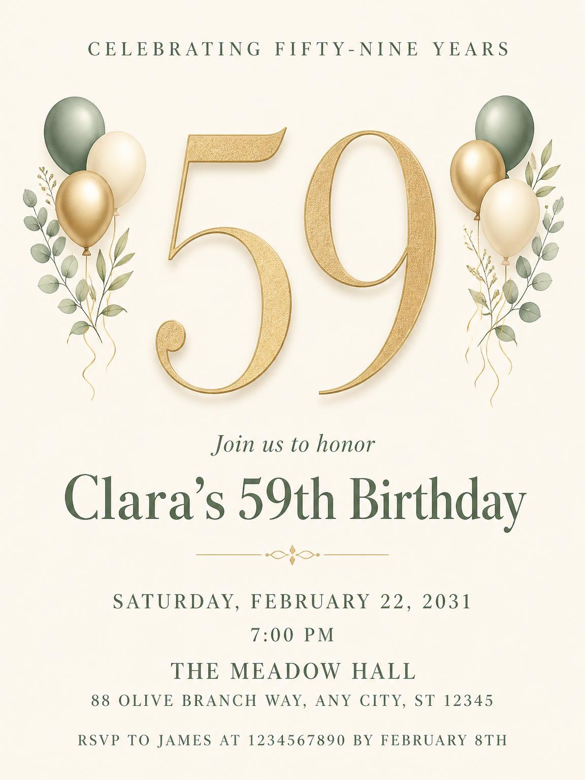 Sage and Ivory 59th Birthday Invitation