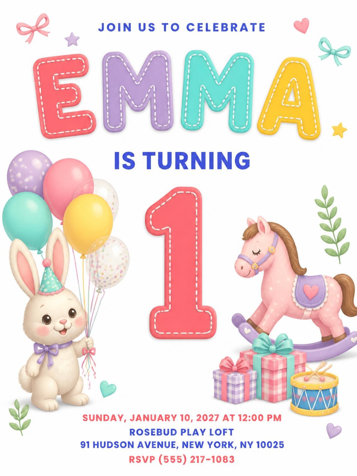 Balloons Stitched 1st Birthday Invitation