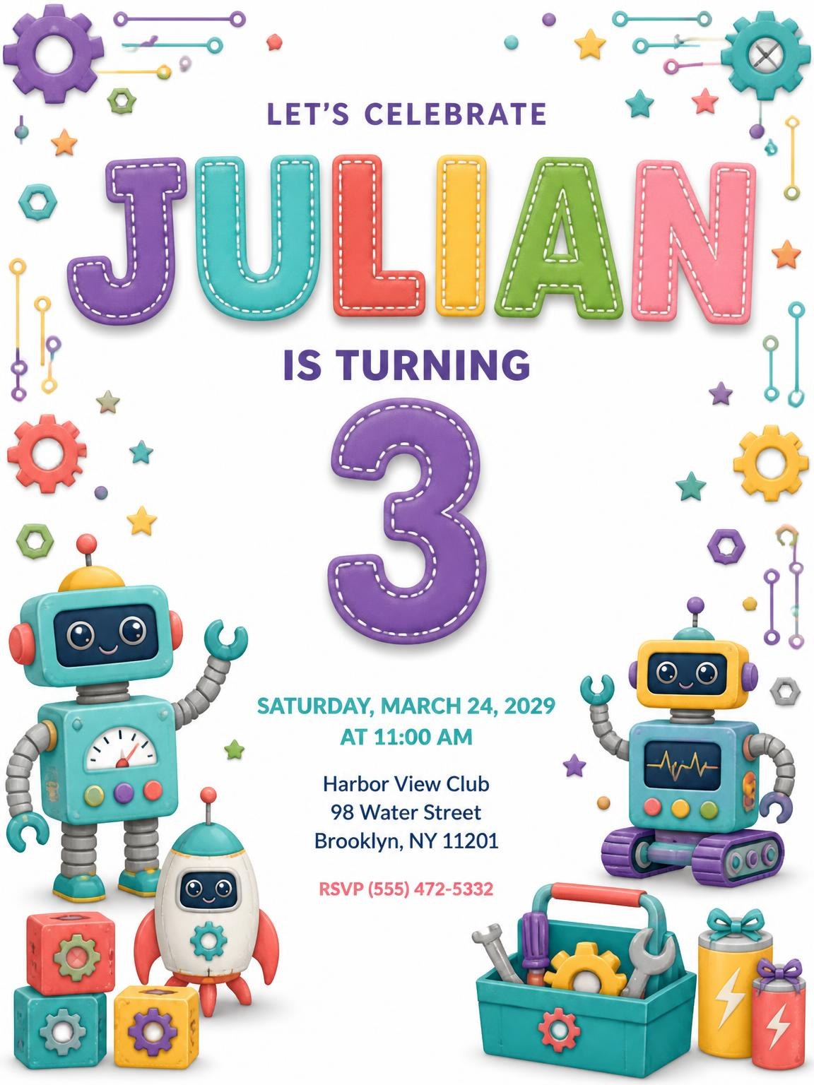 Stitched Robot 3rd Birthday Invitation