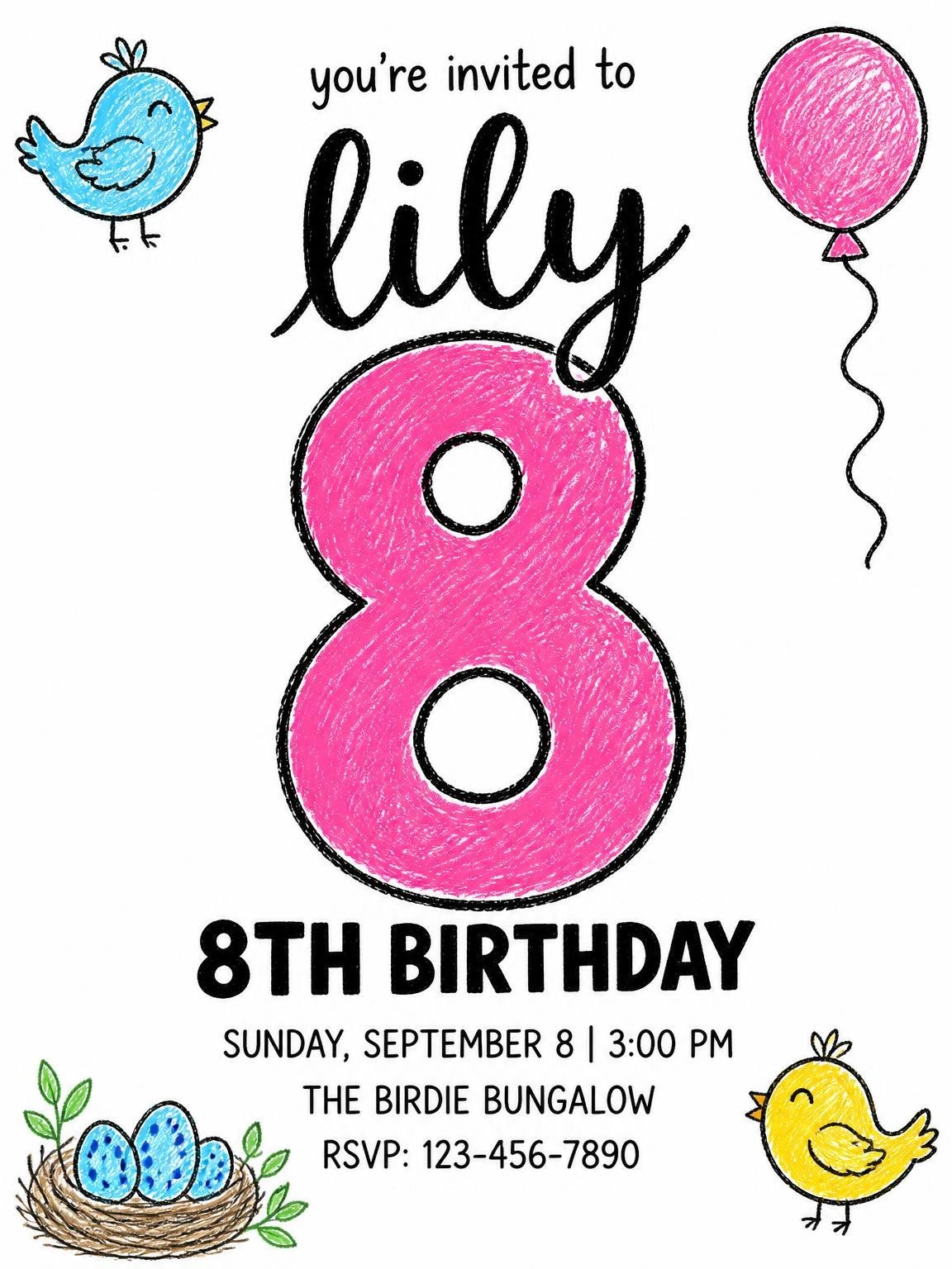 Crayon Bluebird Balloon 8th Birthday Invitation