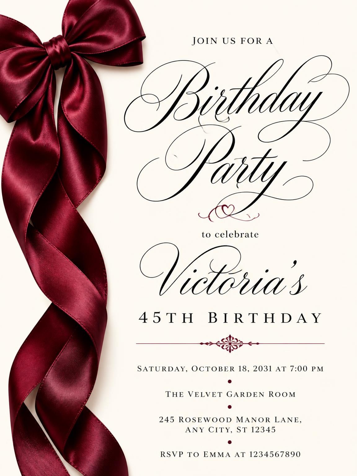 Burgundy Satin Bow 45th Birthday Invitation