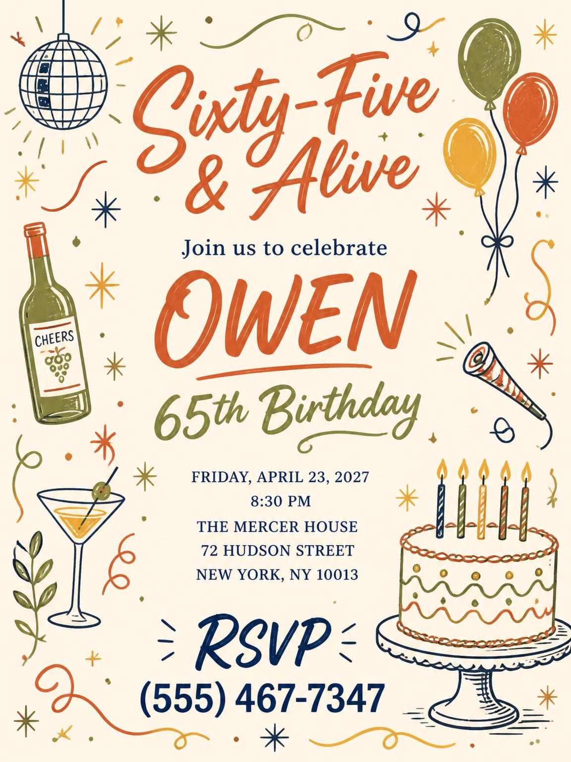 Retro Doodle 65th Birthday Invitation