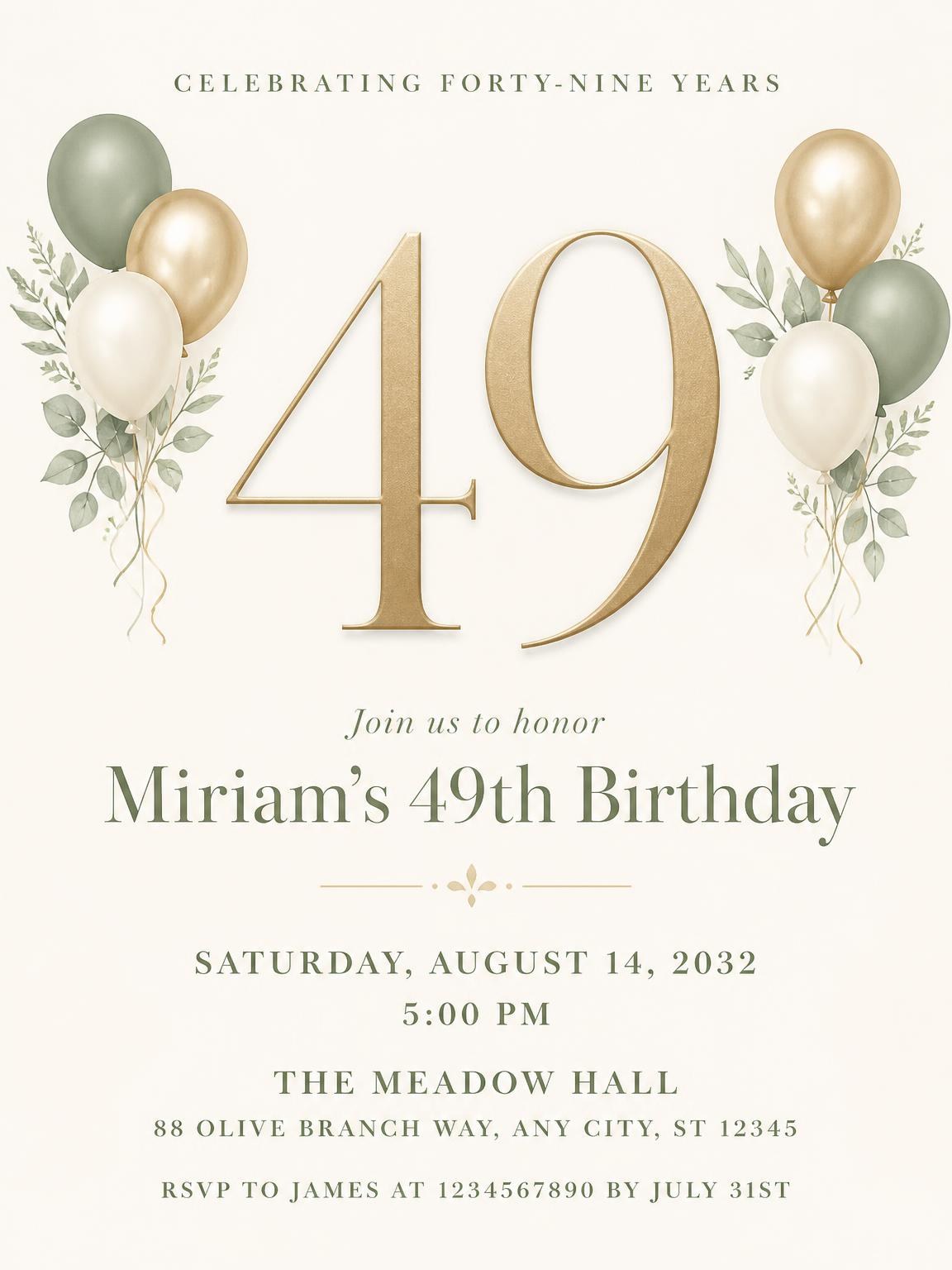 Sage and Ivory 49th Birthday Invitation