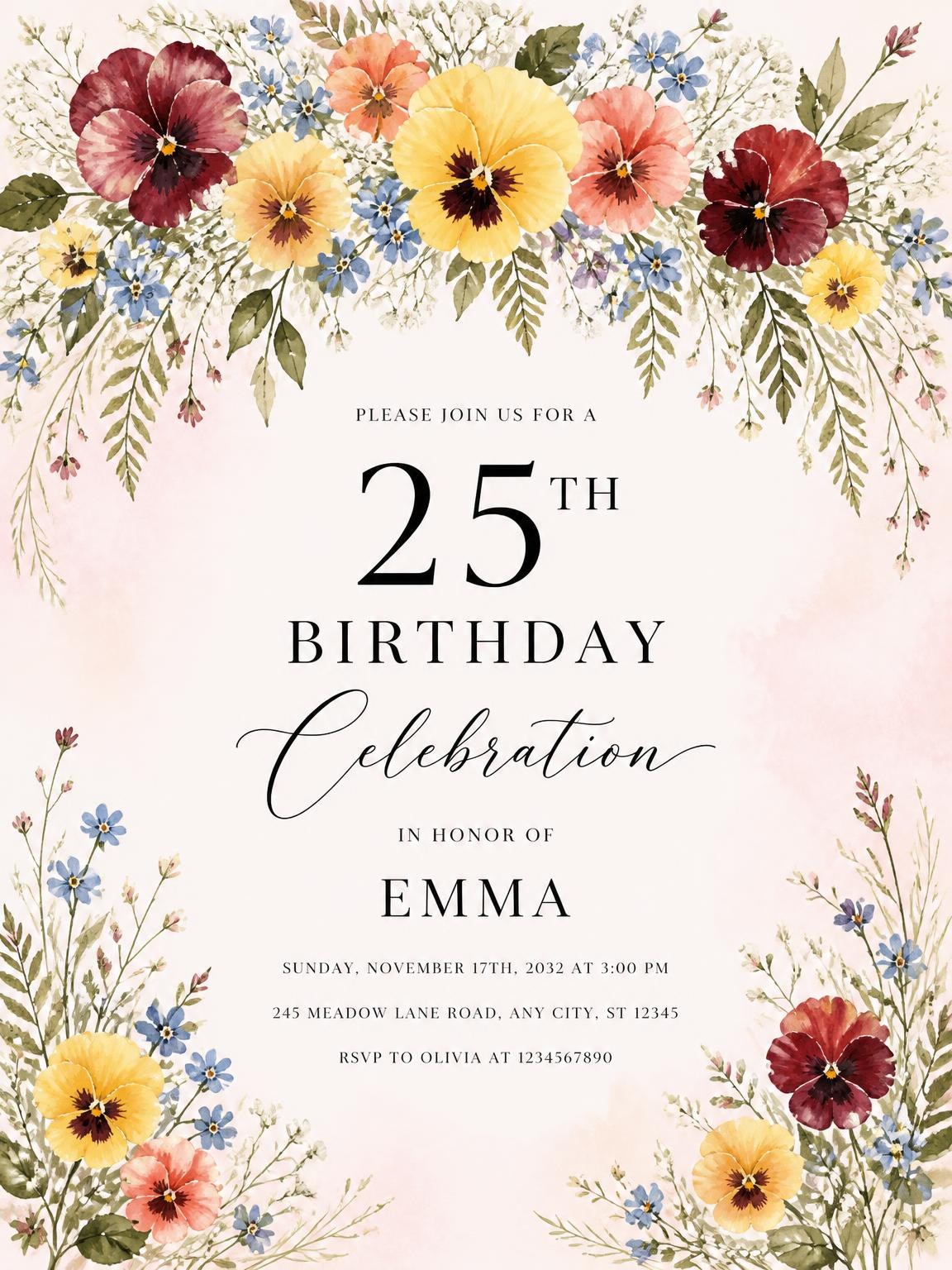 Botanical Greenery Golden 25th Birthday Invitation