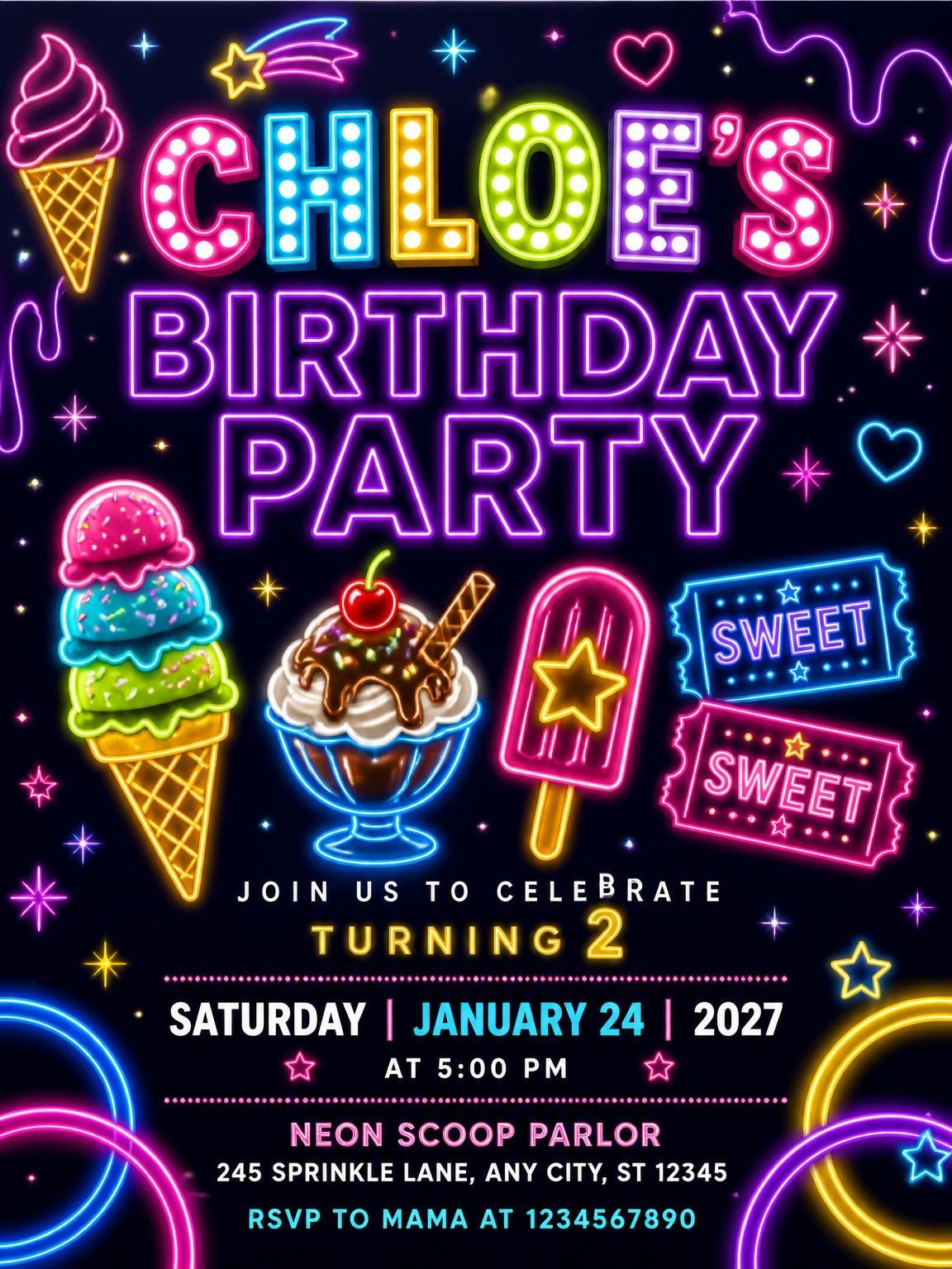 Neon Ice Cream 2nd Birthday Invitation