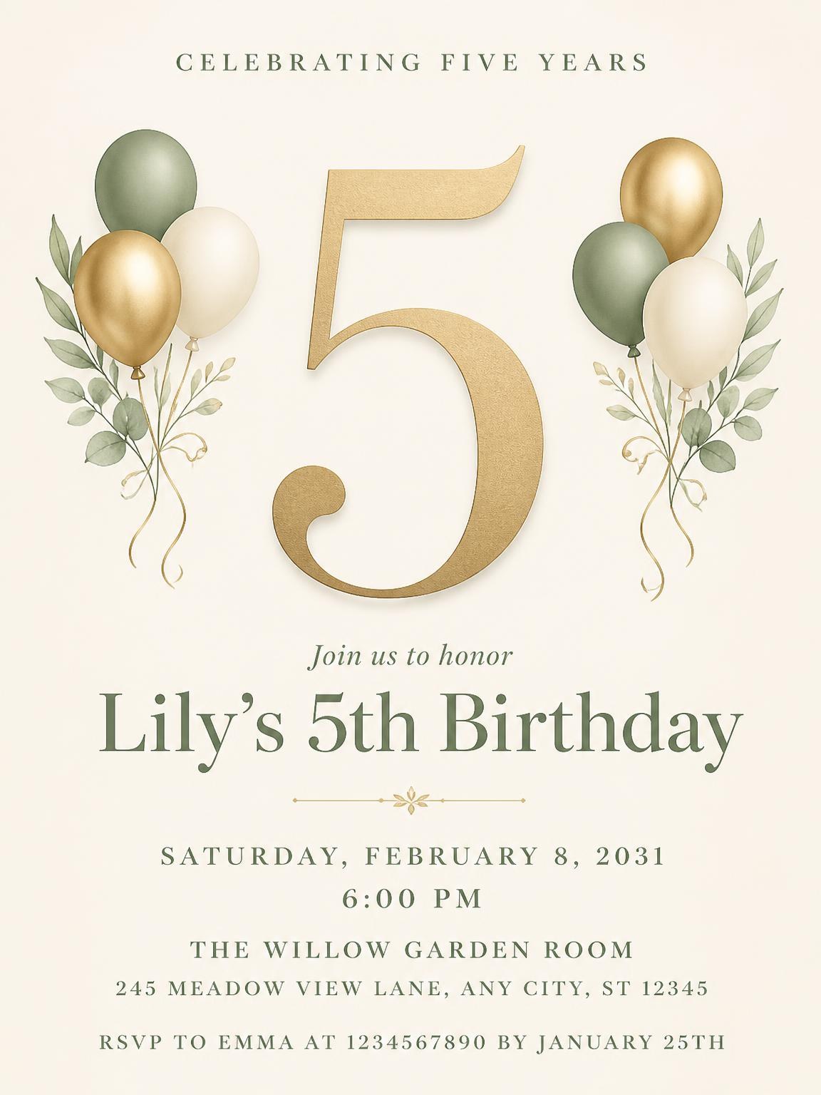Sage and Ivory 5th Birthday Invitation