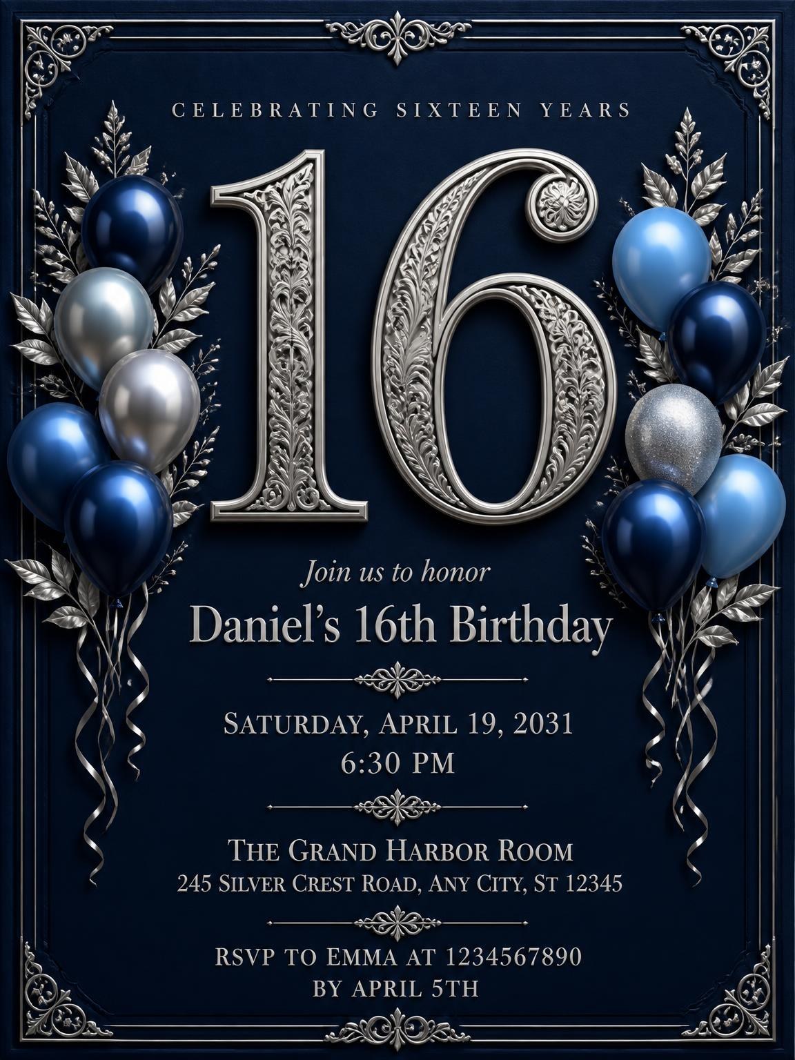 Navy and Silver 16th Birthday Invitation