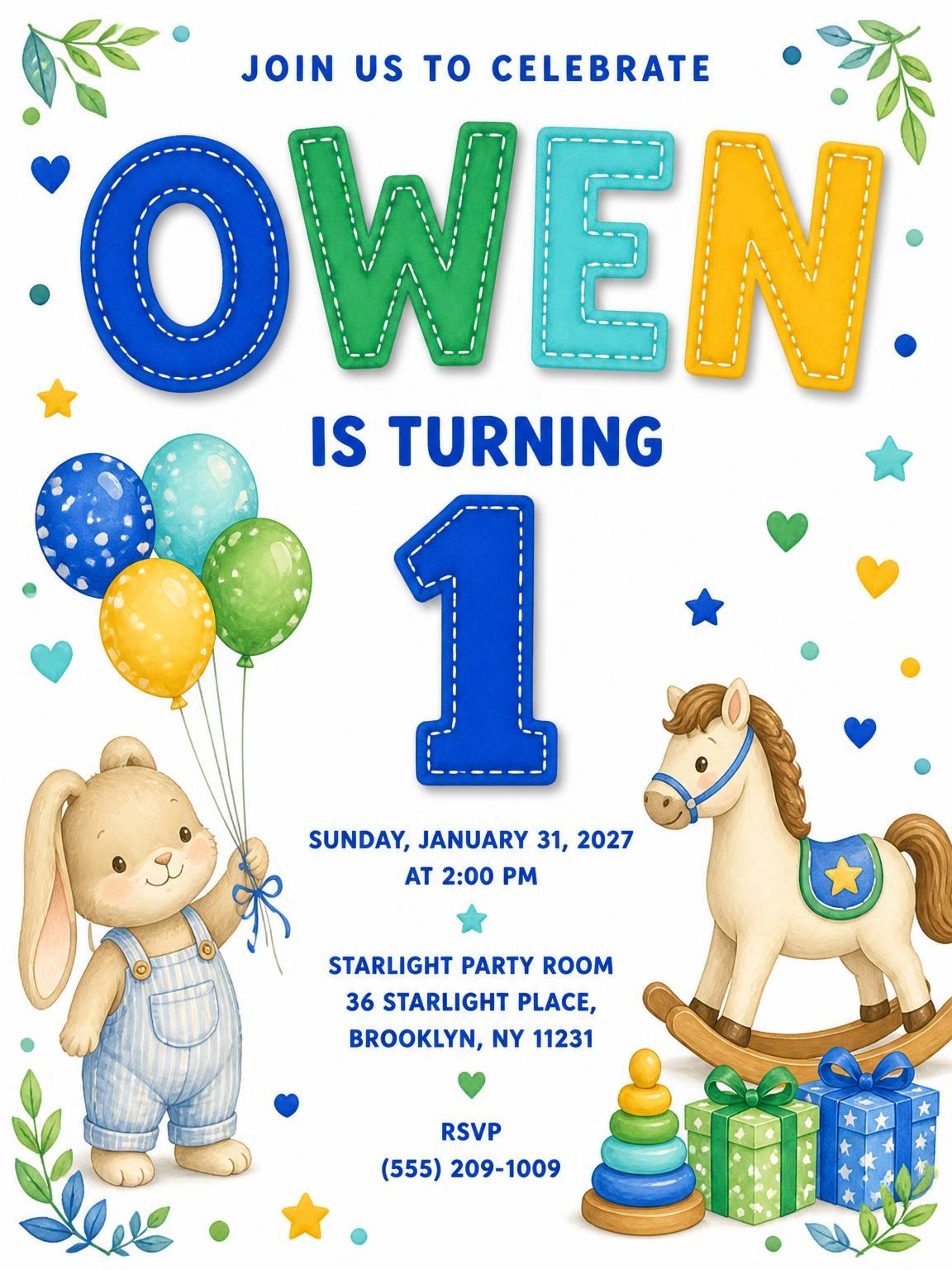 Stitched Bunny Toys 1st Birthday Invitation