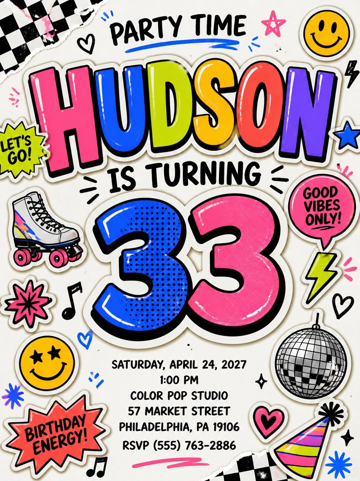Sticker Pop 33rd Birthday Invitation