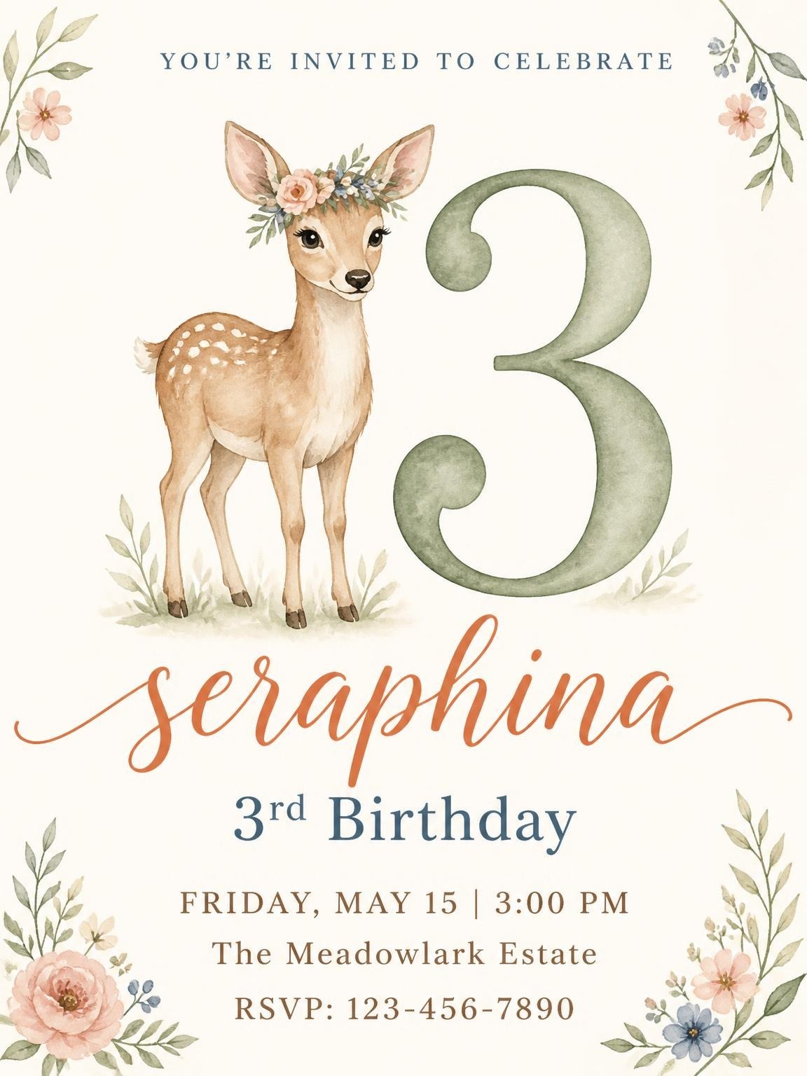 Watercolor Fawn Floral 3rd Birthday