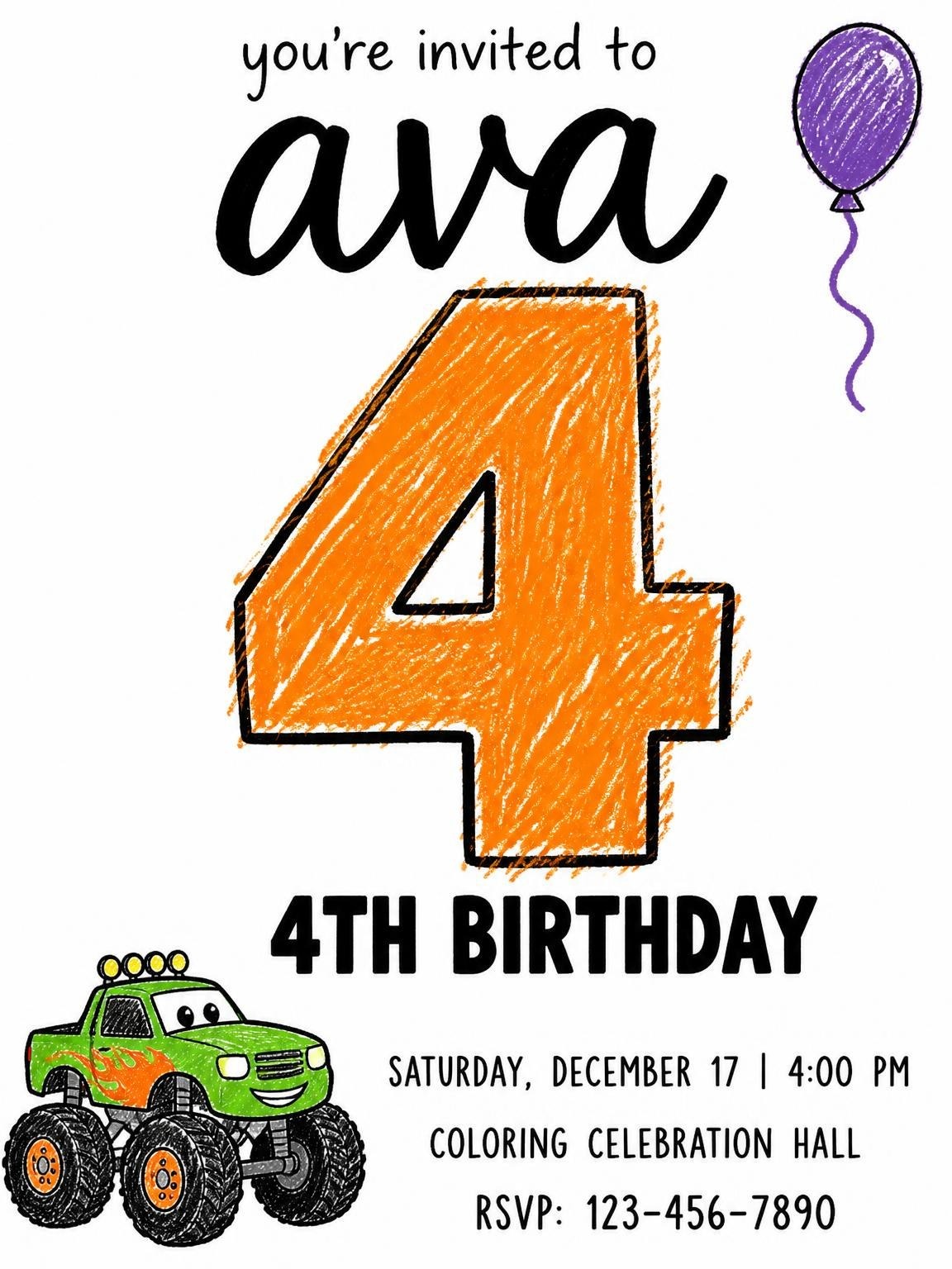 Crayon Texture Monster Truck Birthday
