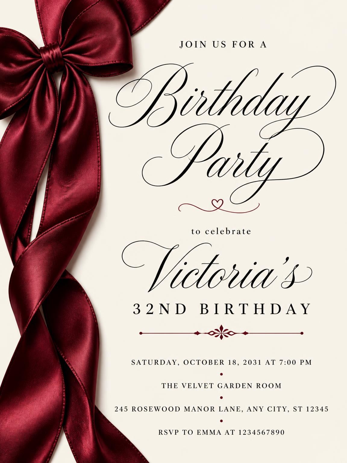 Burgundy Satin Bow 32nd Birthday Invitation
