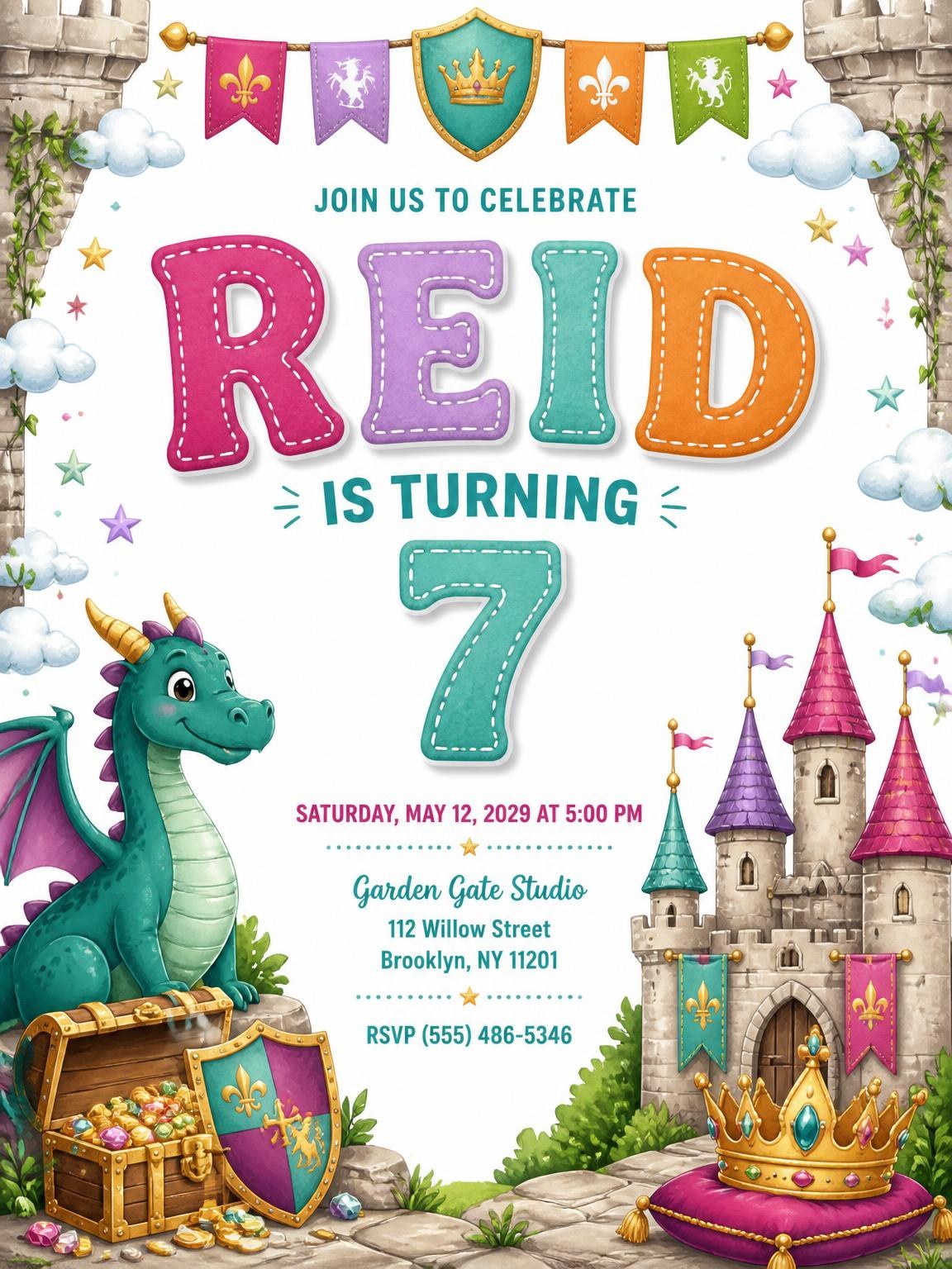 Stitched Dragon Castle 7th Birthday Invitation