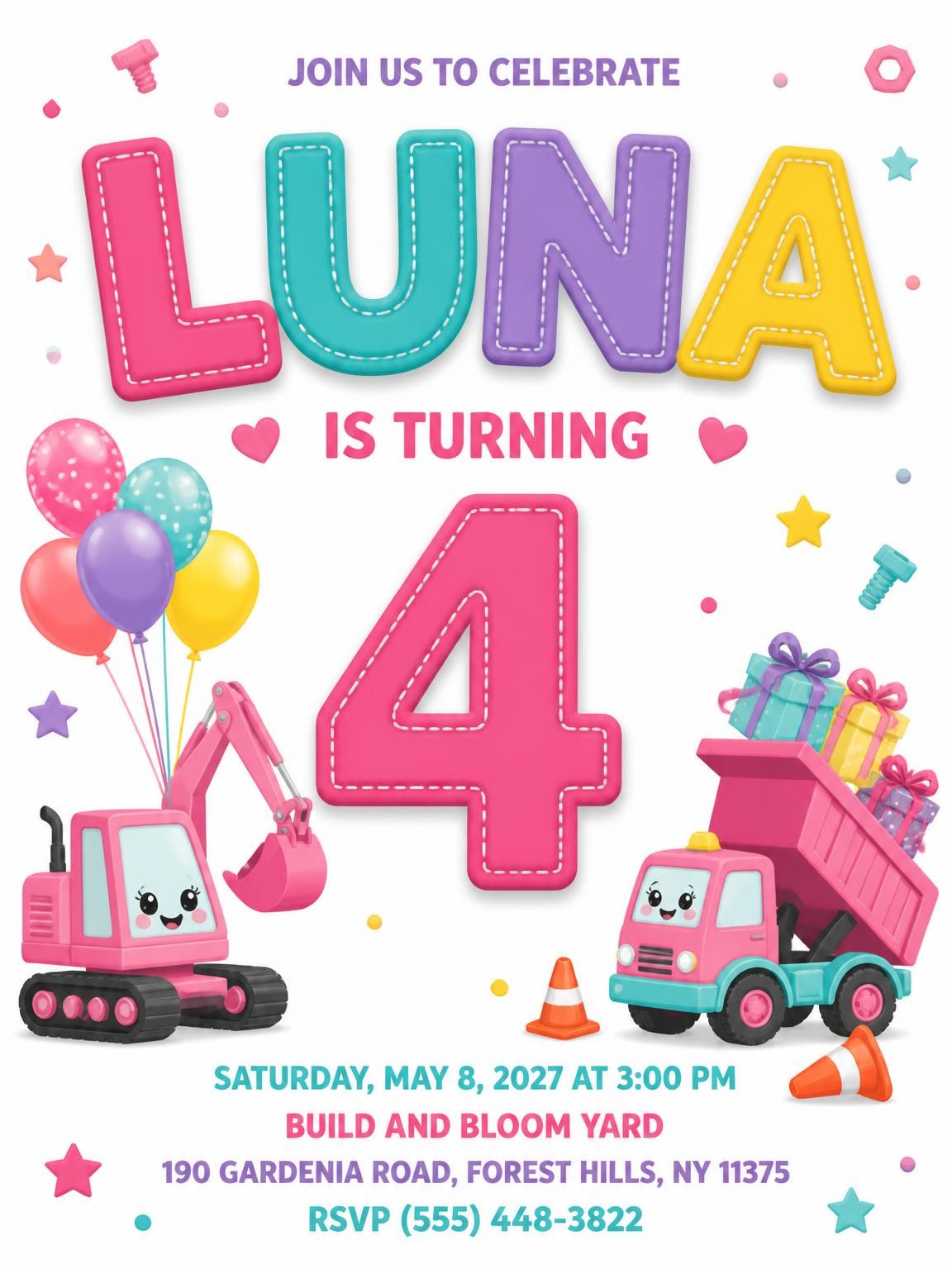 Pink Construction 4th Birthday Invitation