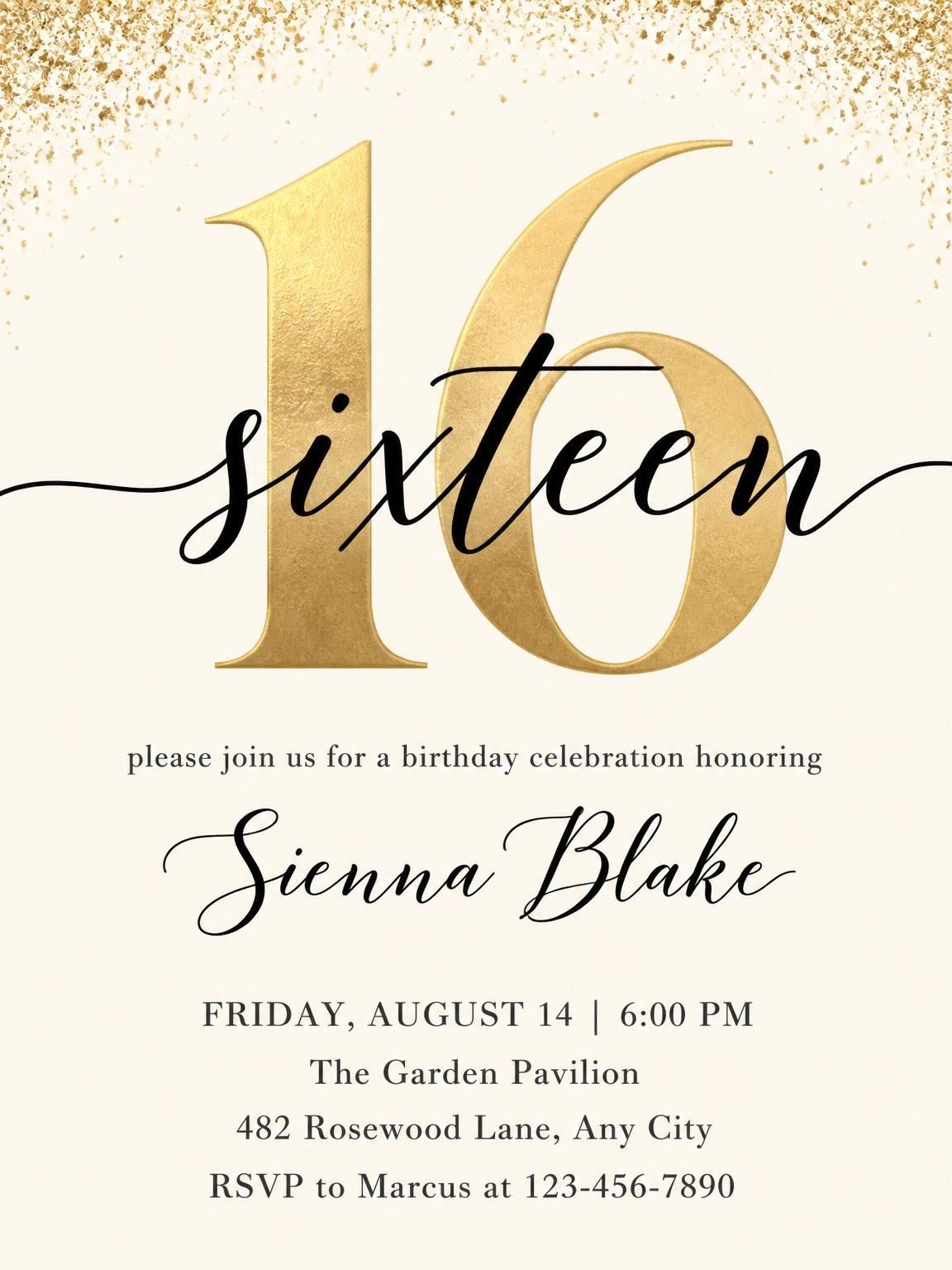 Gold Foil 16th Birthday Invitation