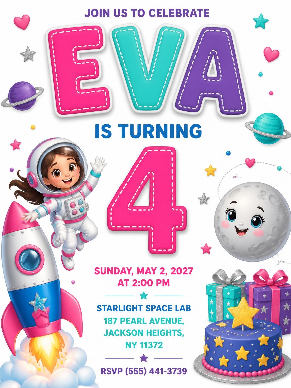 Stitched Astronaut Girl 4th Birthday Invitation