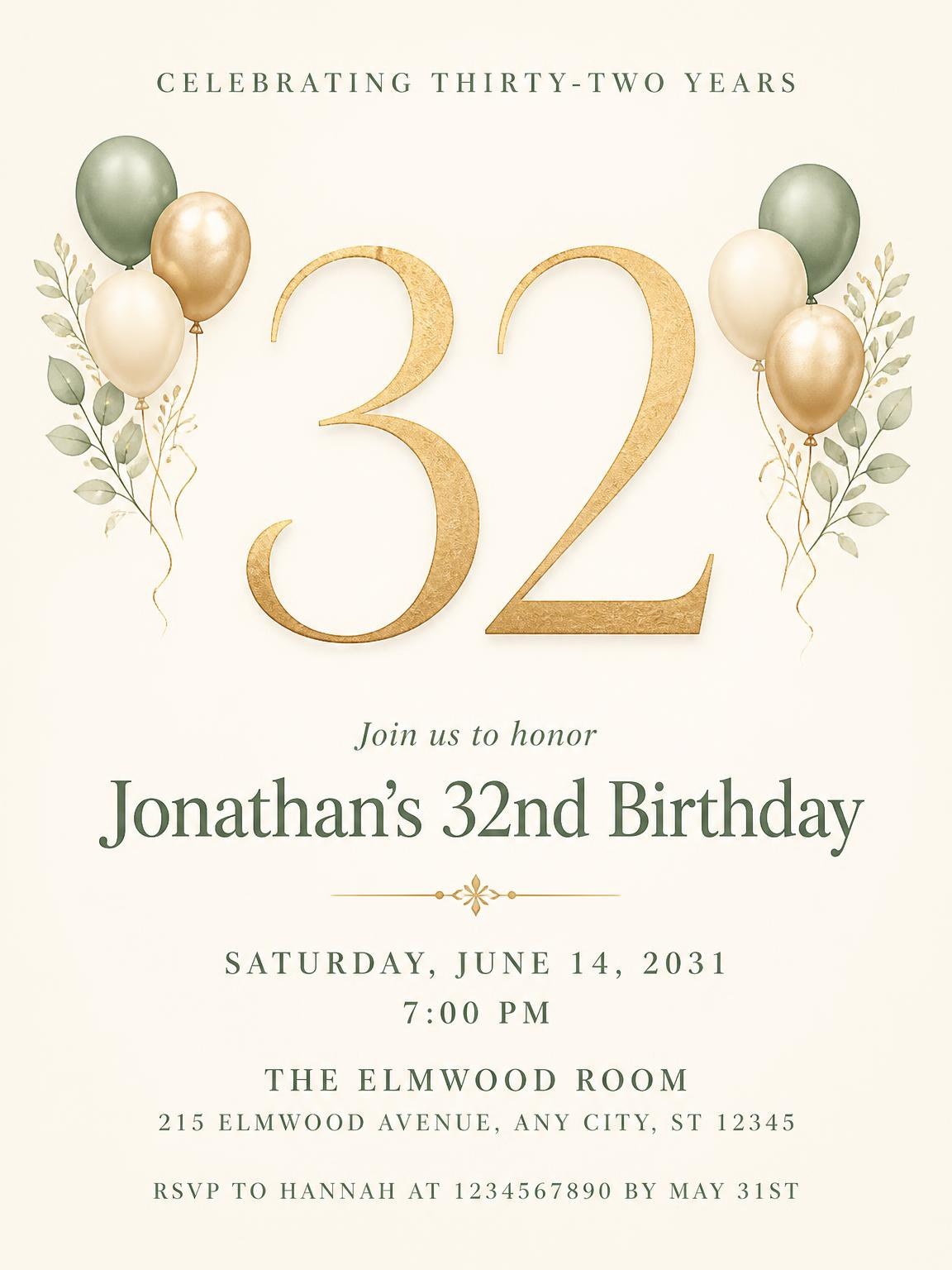 Sage and Ivory 32nd Birthday Invitation