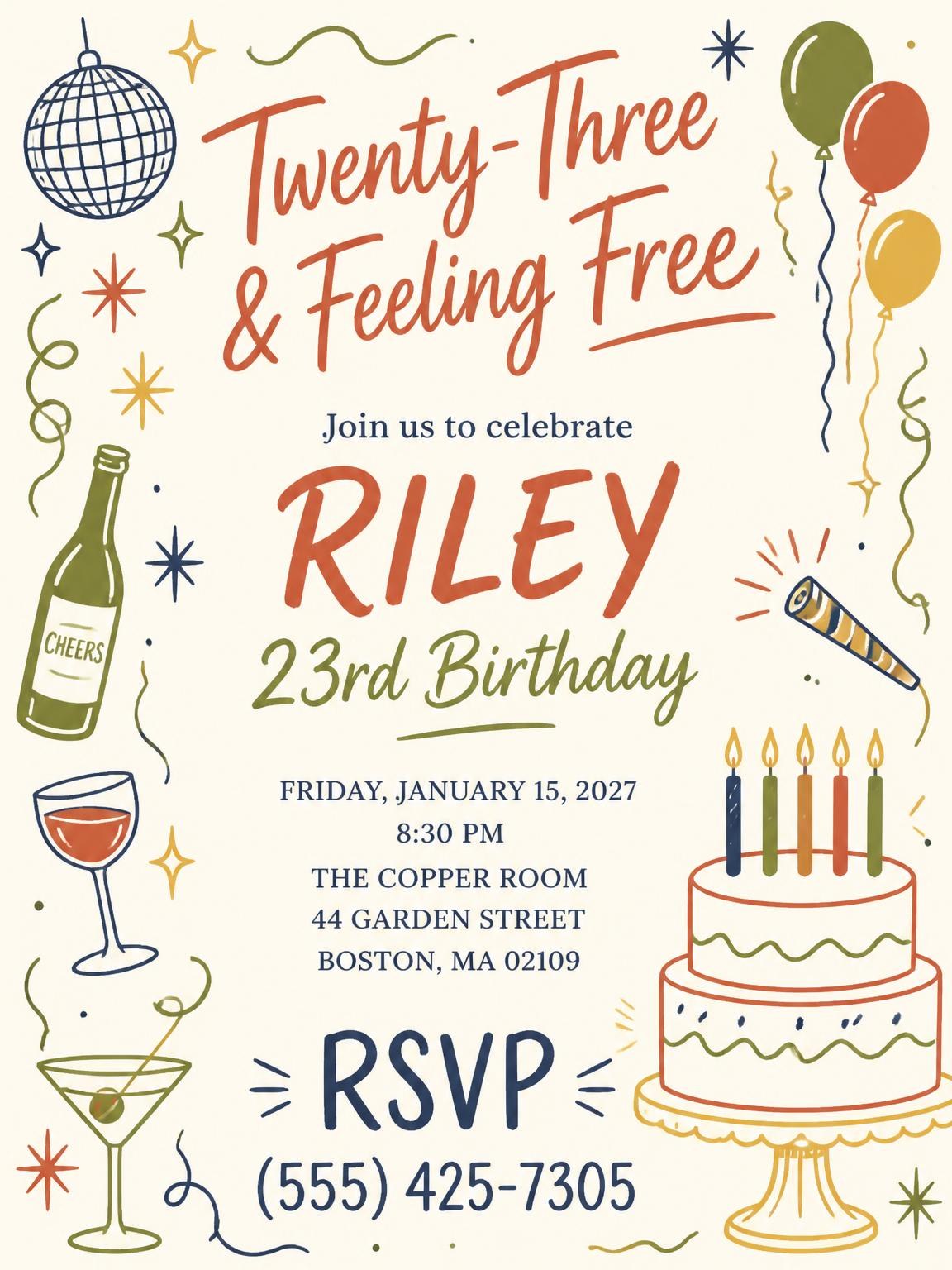 Retro Doodle 23rd Birthday Invitation