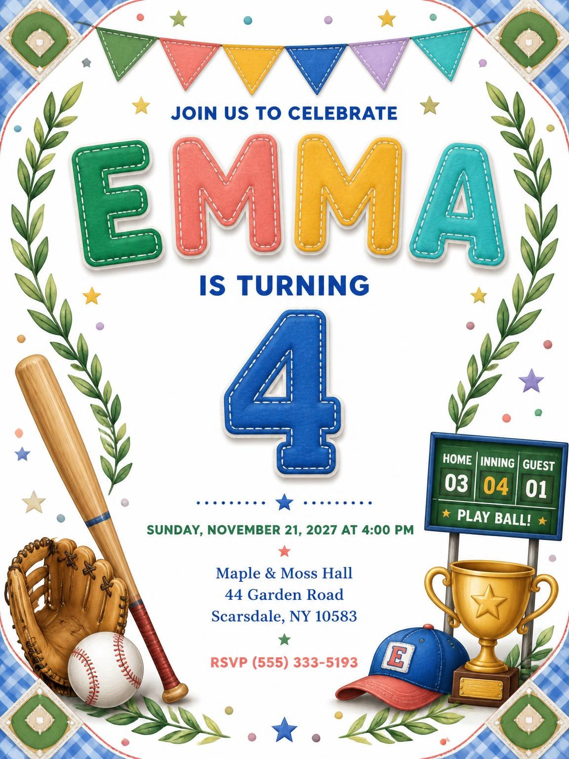 Stitched Baseball 4th Birthday Invitation