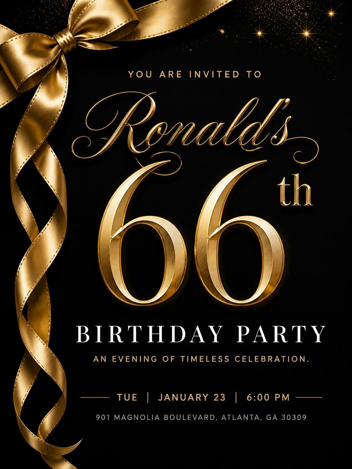 Black and Gold Ribbon 66th Birthday
