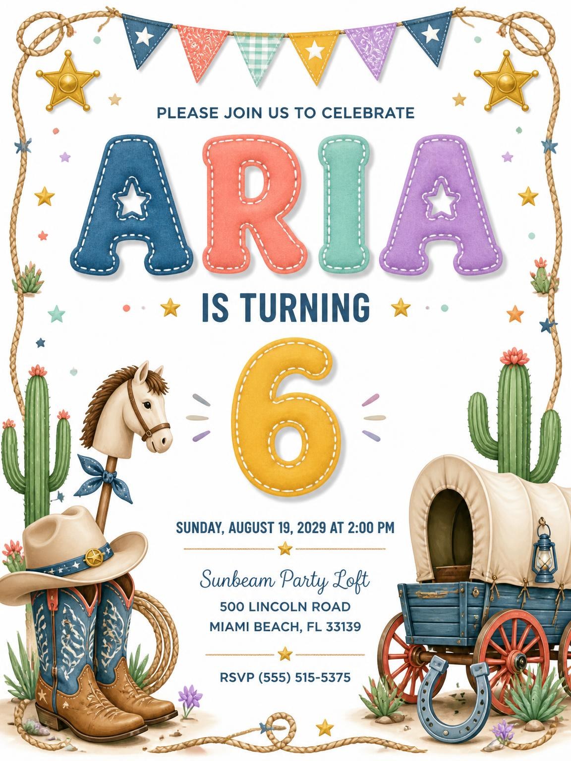 Stitched Cowboy 6th Birthday Invitation