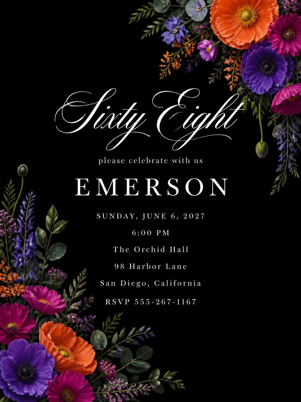 Black Floral 68th Birthday Invitation
