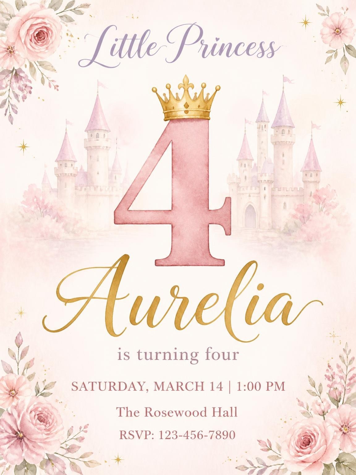 Blush Watercolor Castle 4th Birthday Invitation