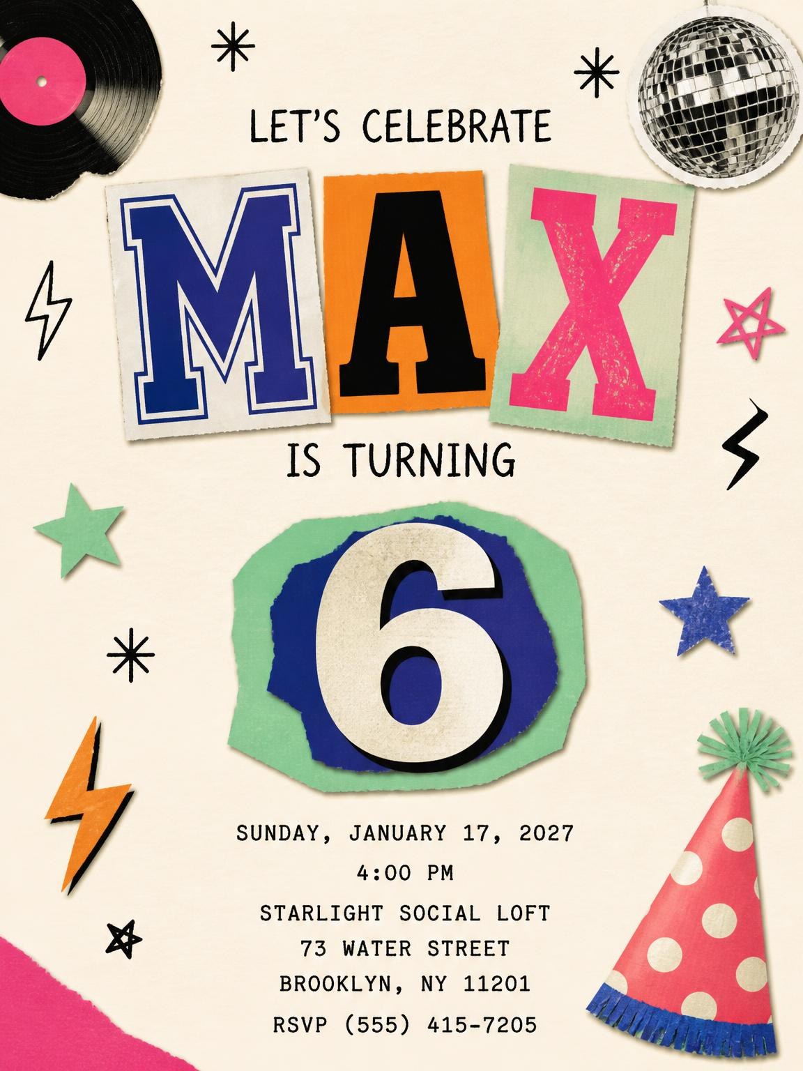 Retro Paper Collage 6th Birthday Invitation