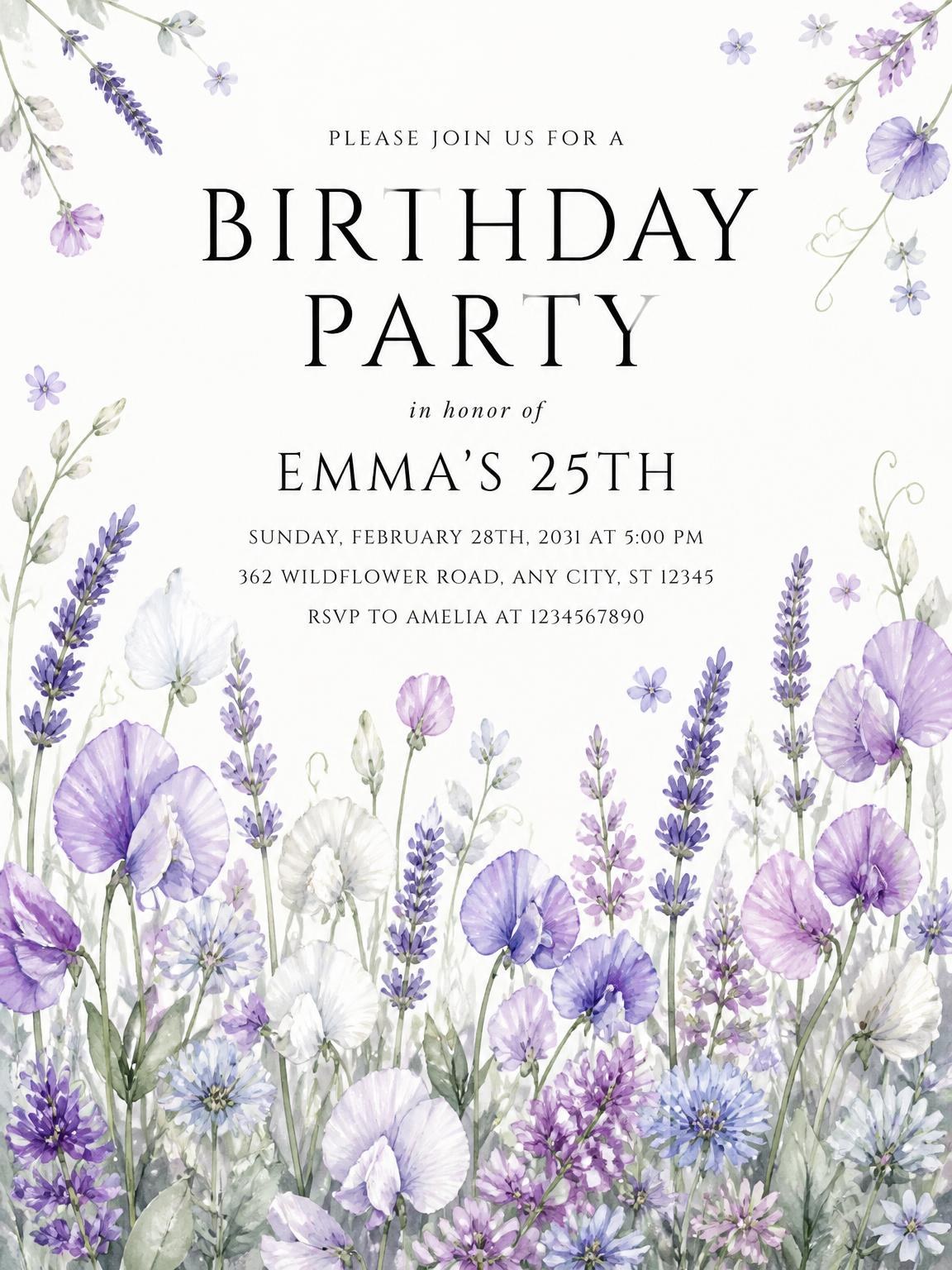Wildflowers Lavender 25th Birthday Invitation