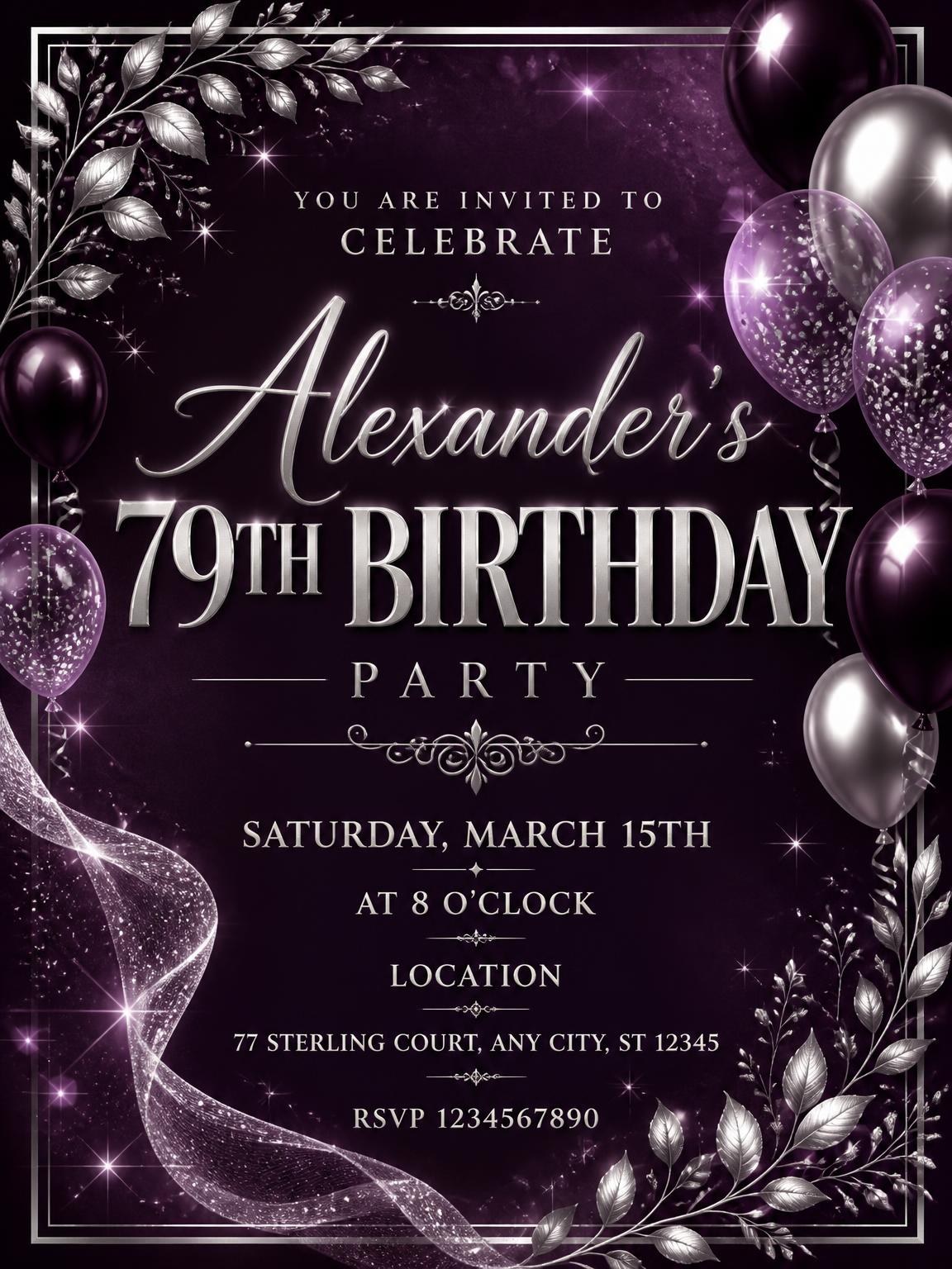 Plum and Silver 79th Birthday Invitation