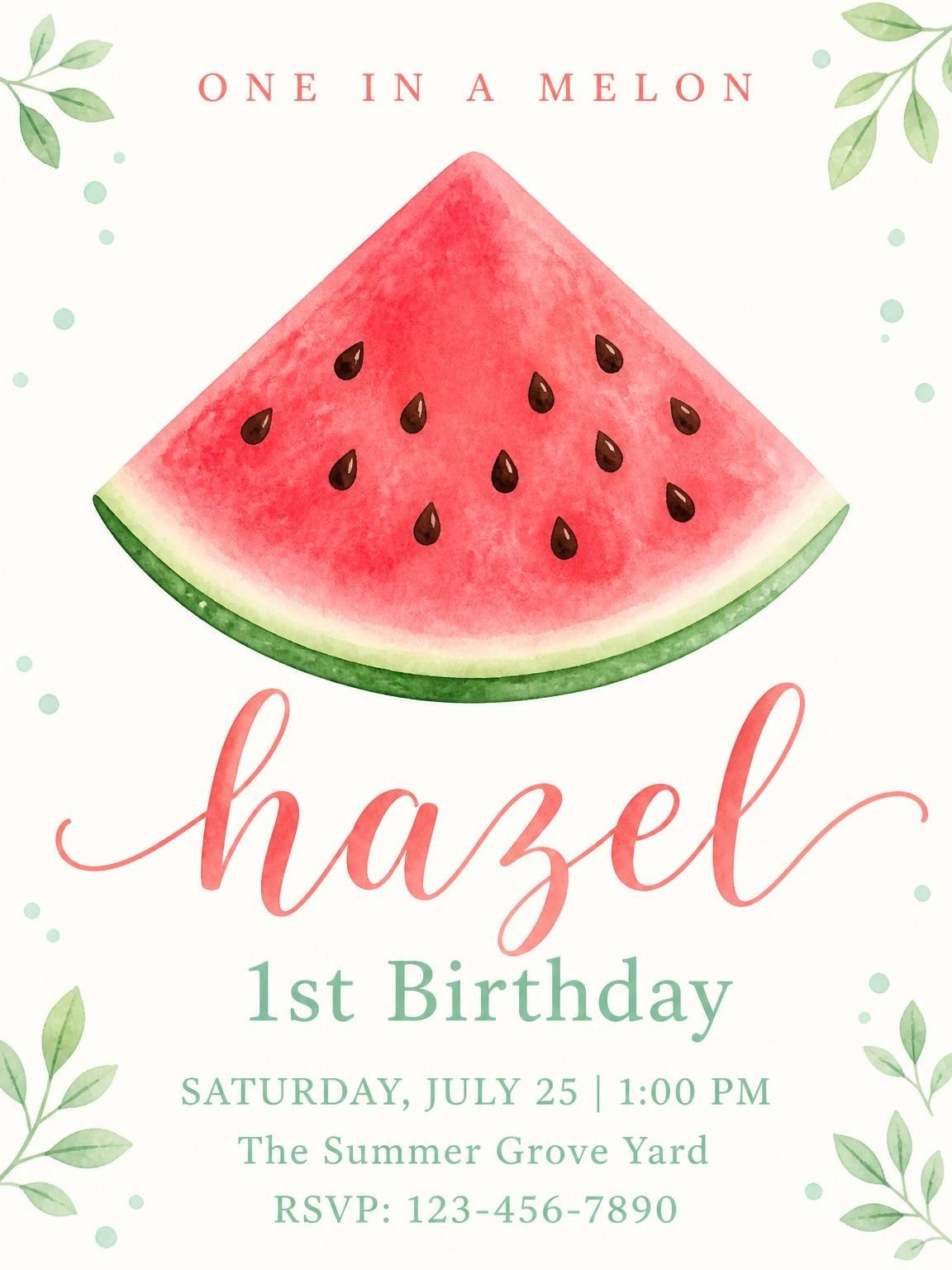 Watercolor Watermelon 1st Birthday Invitation