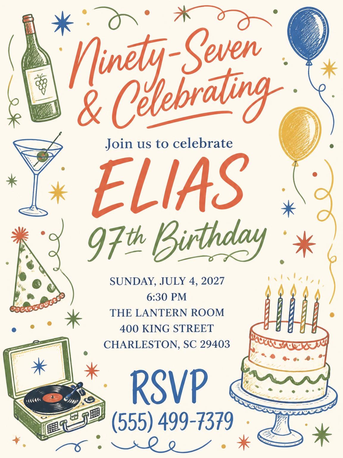 Retro Doodle 97th Birthday Invitation