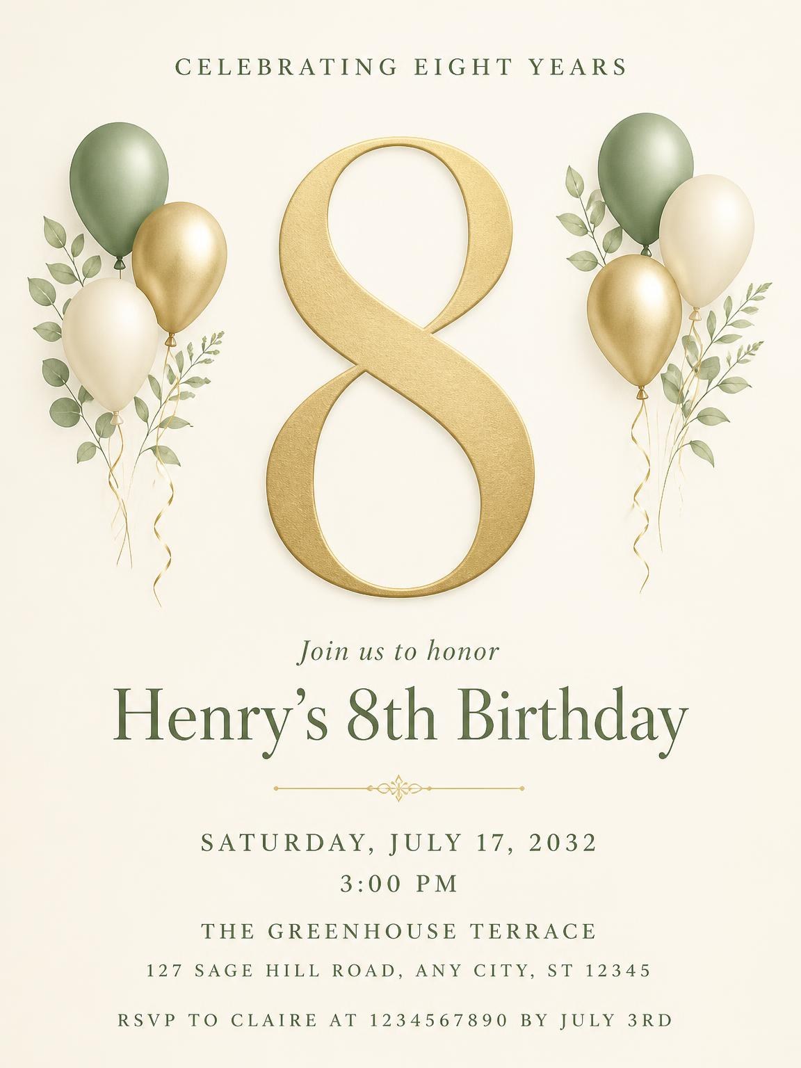 Sage and Ivory 8th Birthday Invitation