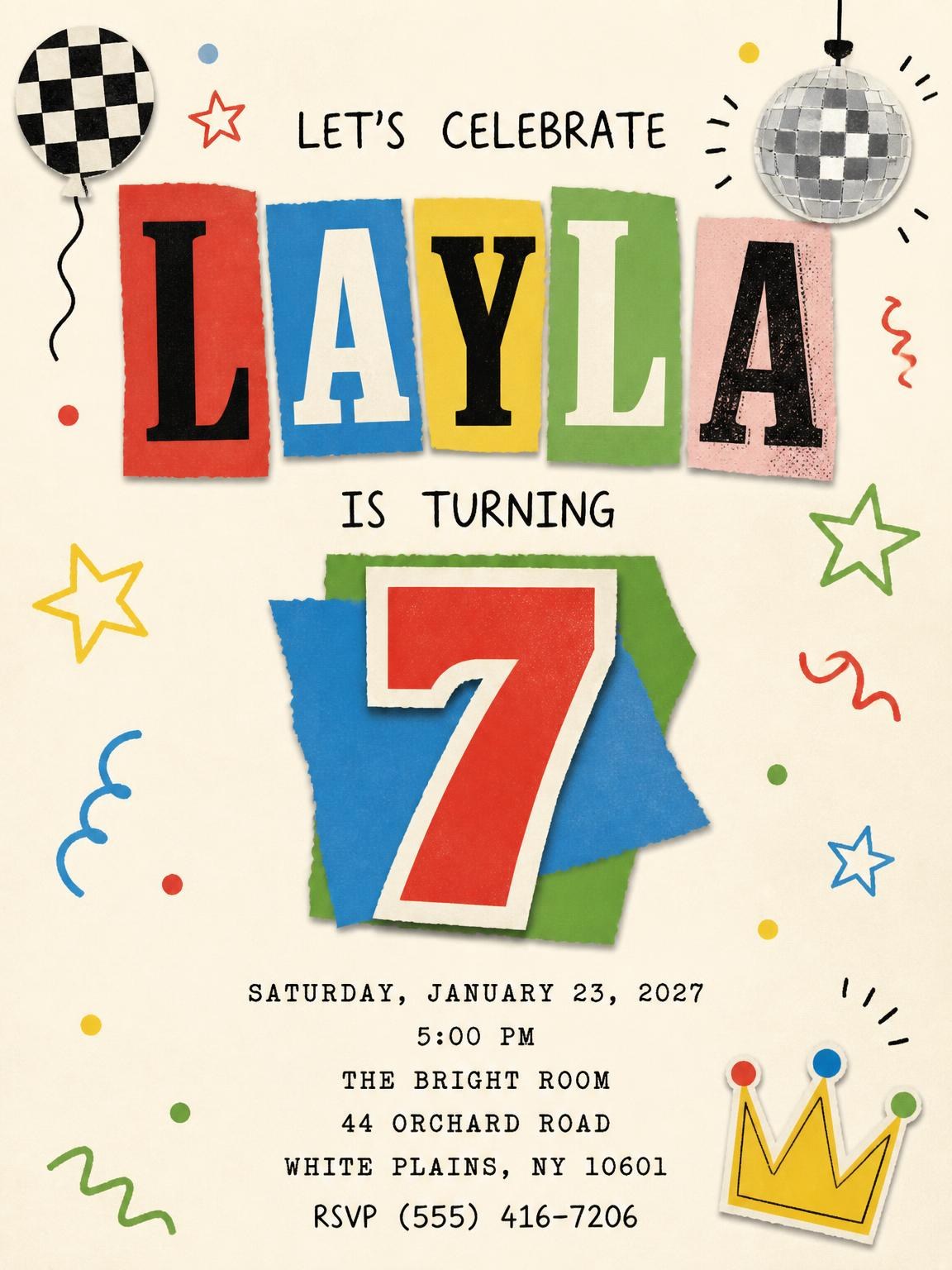 Retro Paper Collage 7th Birthday Invitation