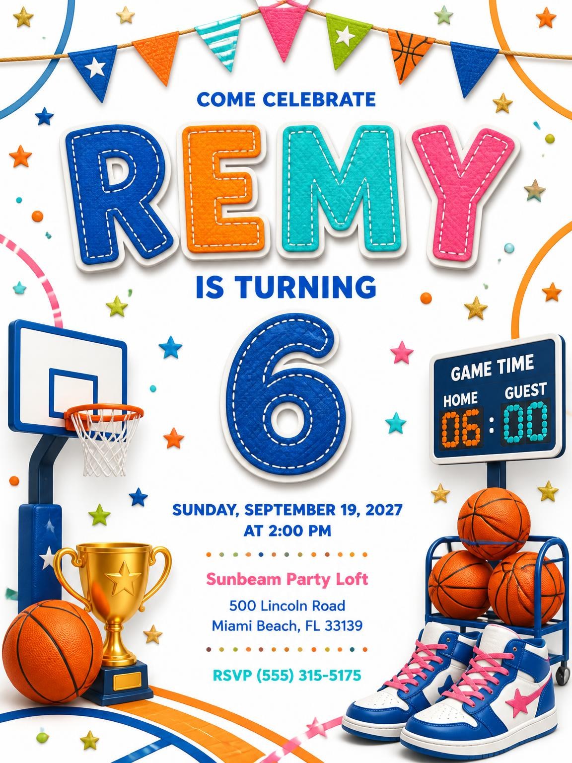 Stitched Basketball 6th Birthday Invitation
