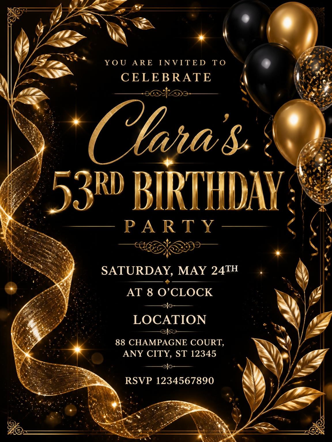 Black and Gold 53rd Birthday Invitation
